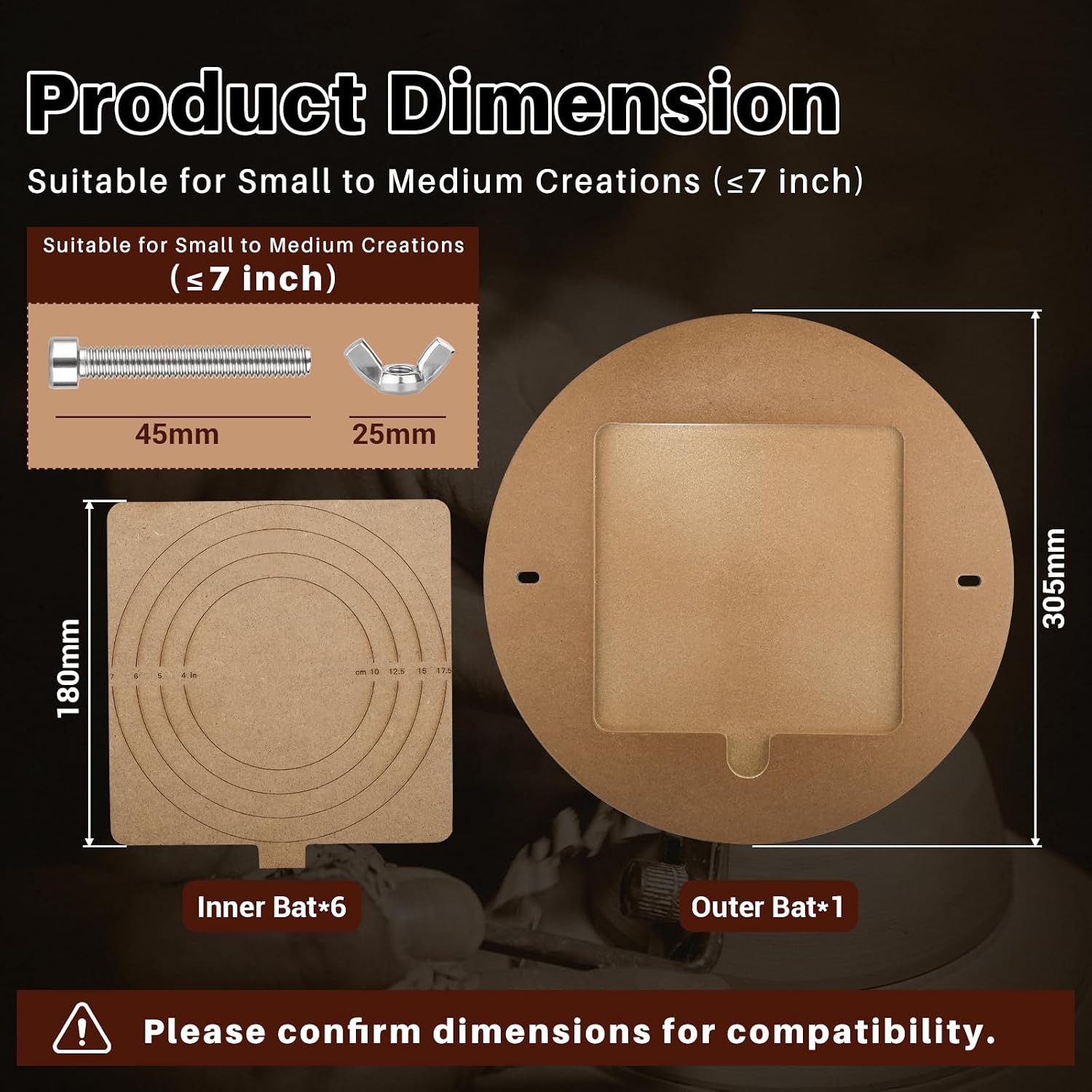 Yncotte Pottery Bats System, MDF 12” Round Outer Bat with 6 Pack of 7" Square Inner Bats, Removable Inserts & Wheel Pins Durable Design for Throwing Pottery