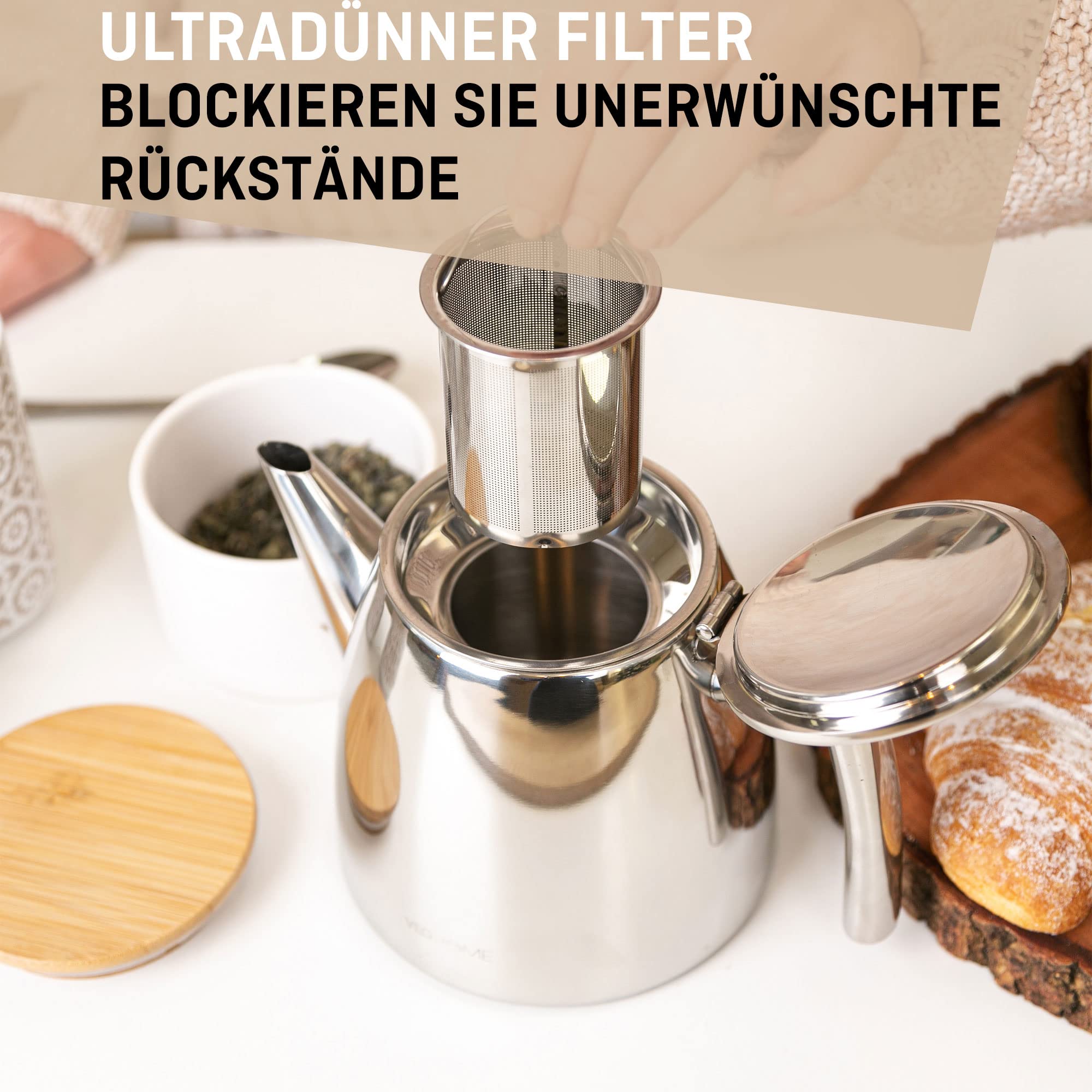 Teekanne aus rostfreiem Edelstahl (0,5L) - Mit Tee-Ei für losen Tee Siebeinsatz - Die doppelwandige Isolierung hält Tee länger warm (0,5 L)