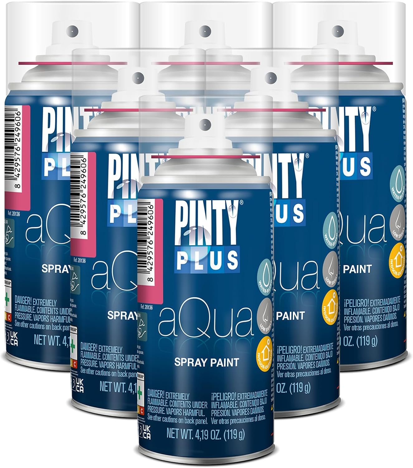 PINTY PLUS Aqua Mini Spray Paint - Art Set of 6 Water Based 4.2oz Cans. Ultra Matte Finish. Perfect For Arts & Crafts. Works on Plastic, Metal, Wood, Cardboard