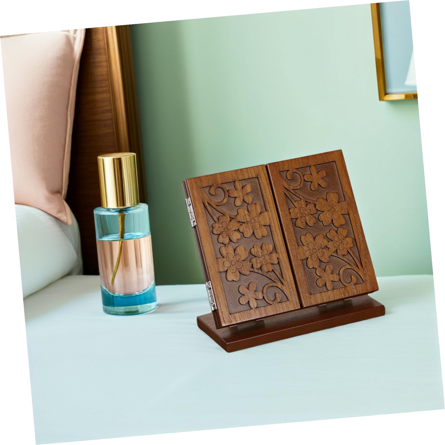 Healeved Espejo de Maquillaje de Madera Superficie de Espejo Clara y Estable Plegable Diseño Tallado en Forma de Flor, Estructura de Tres Caras para Tocador