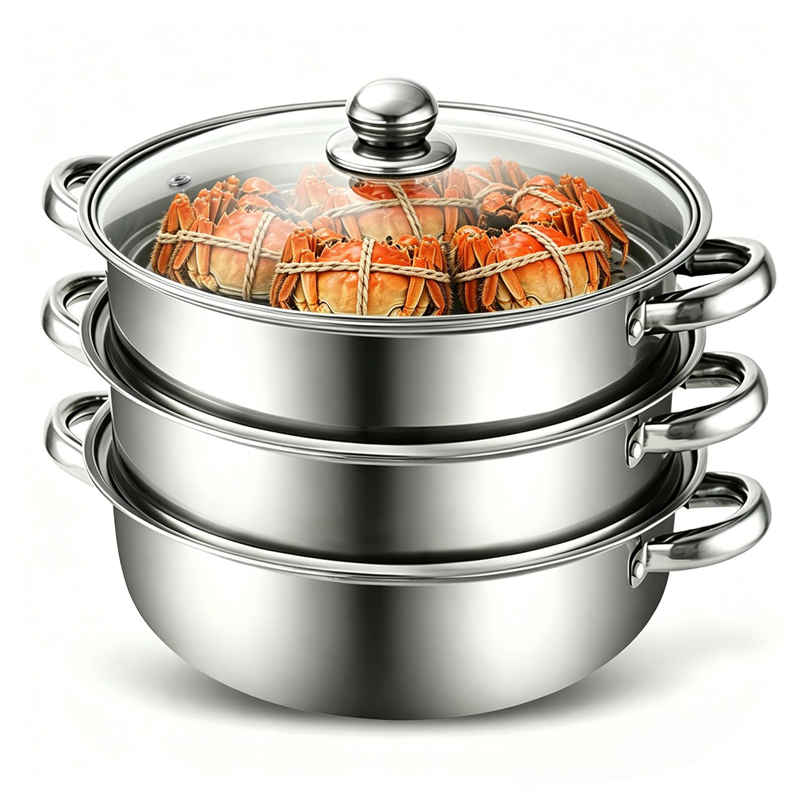 MeYuxg Dampfgarer zum Kochen,28cm Edelstahl Dampfkocher mit Dämpfeinsatz & Glasdeckel,3/4 Lagiger Dampfgarer Topf Induktionsgeeignet für Gemüse, Meeresfrüchte, Suppen, Nudeln,Fisch (Drei)