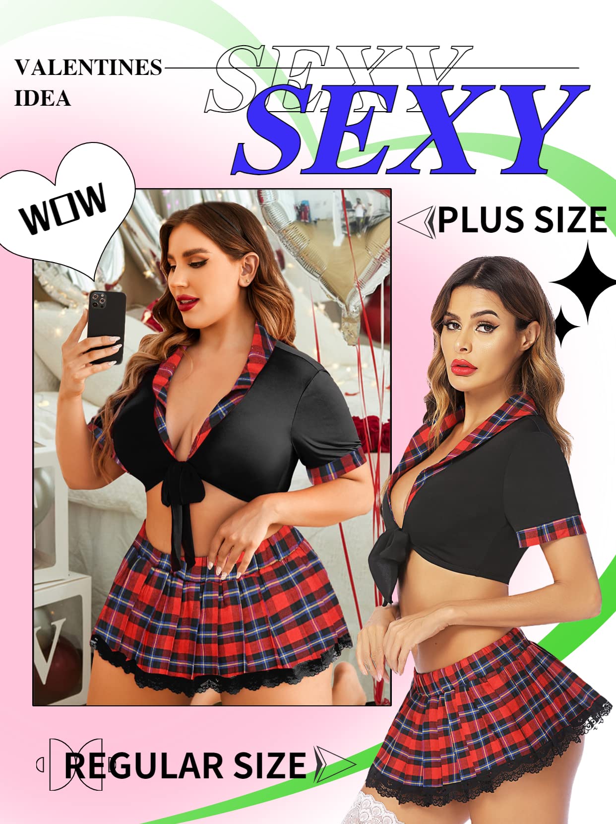 Avidlove Women Uniform Costume Lingerie Set including Tie Top Mini Skirt(Dark Red XL) - Image 3
