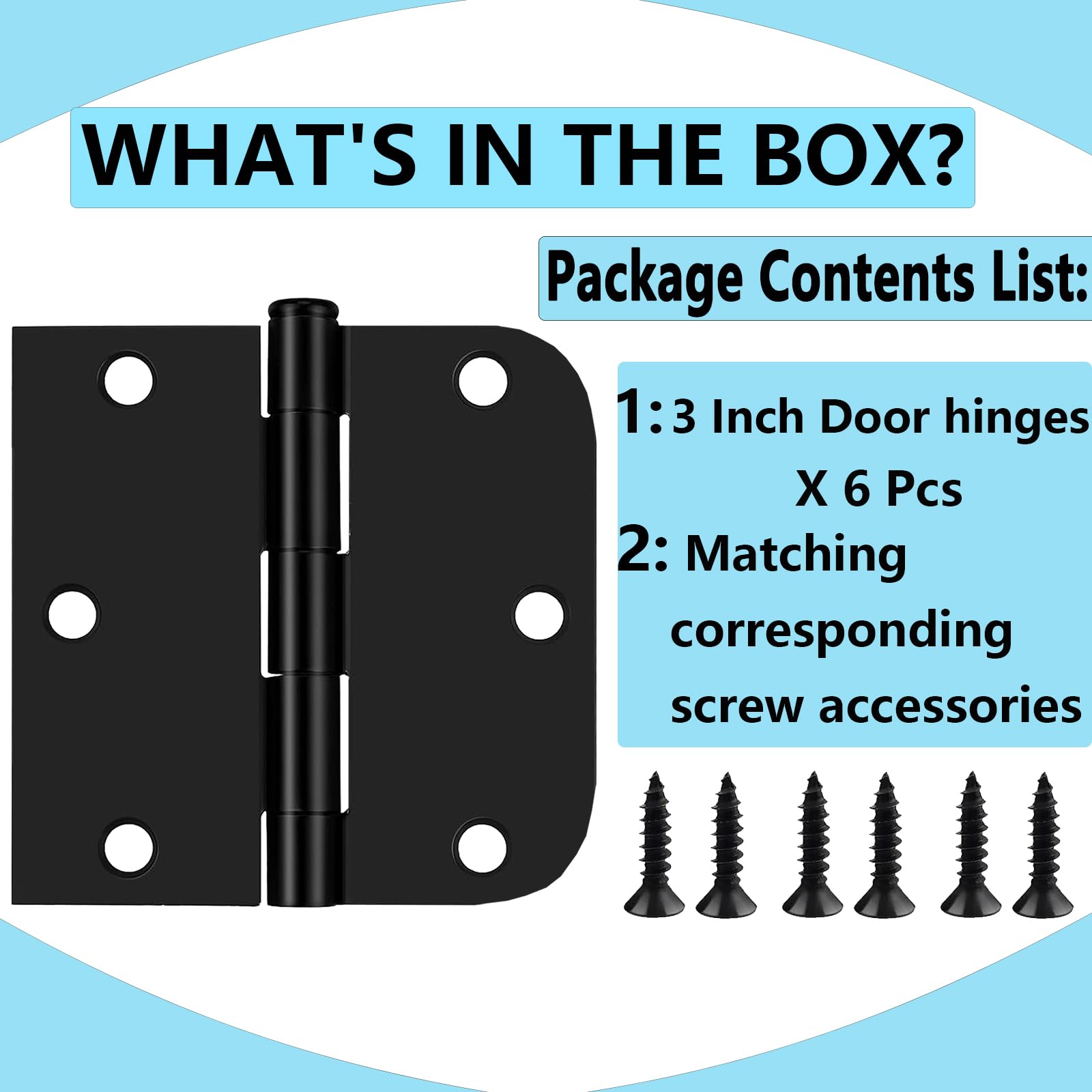 Matte Black Door Hinges,6 Pack Exterior Hinges Doors,3x3 Inch Black Interior Doors Hinge with Square & Round Corners Durable Steel Hinge Door Hardware - 3