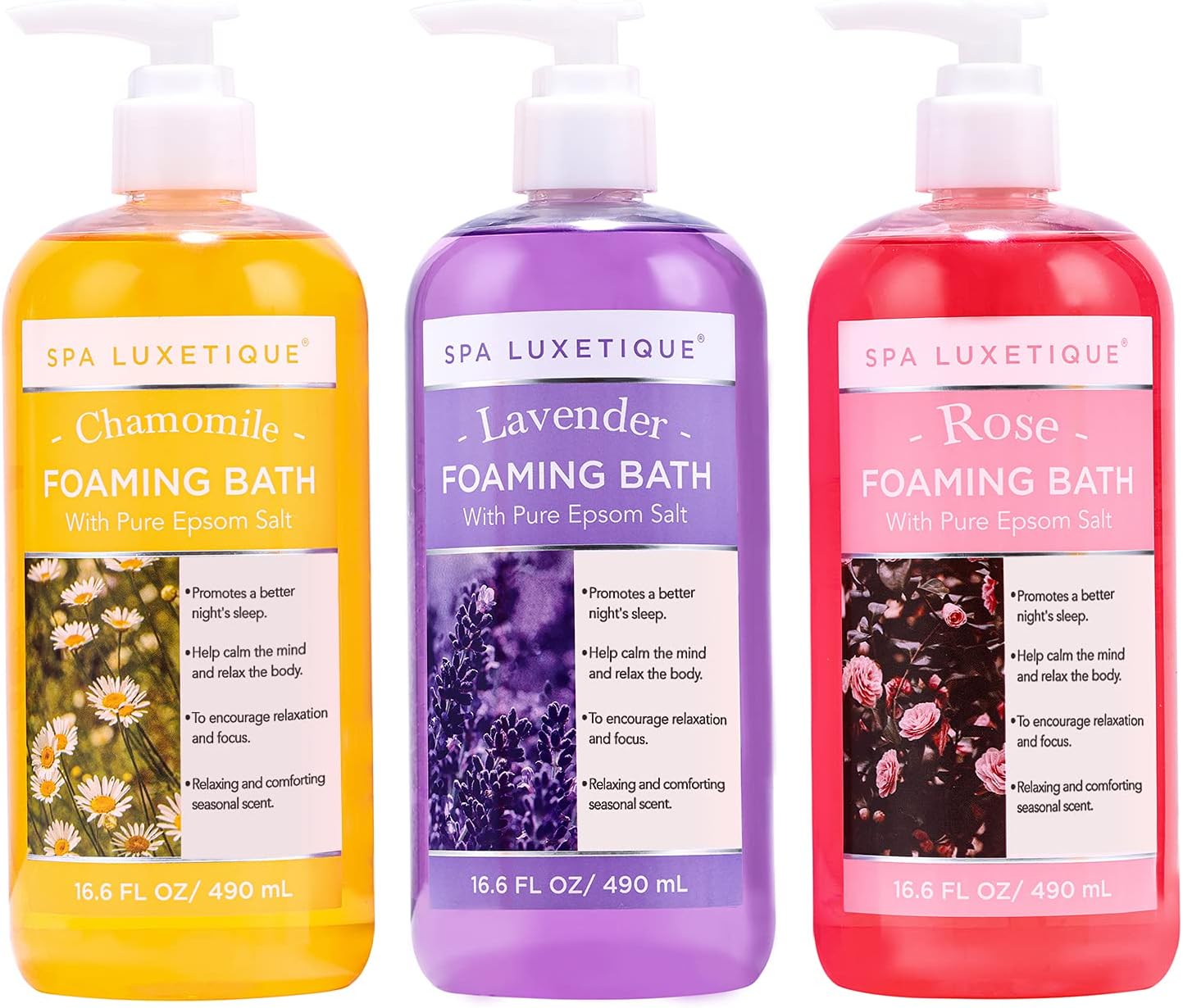 Bubble Bath, Foaming Bath with Epsom Salt, Chamomile Rose and Lavender Scent Bathing Set, 3 Pack 49.8 fl oz Mothers Day Gifts Set for Women and Men
