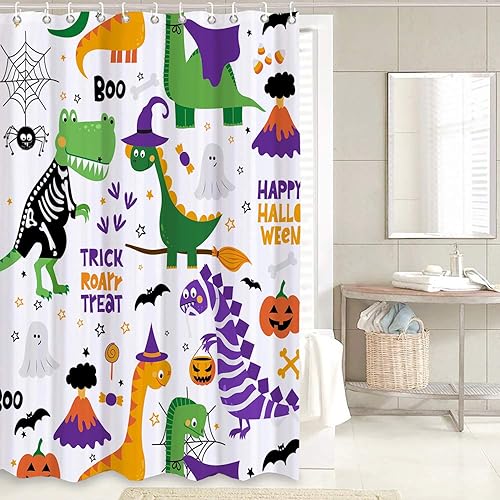 Miniatura 3 de Juego de decoración de baño de dinosaurio de Halloween para niños con bonita cortina de ducha y alfombras, juego de baño de dibujos animados de 4