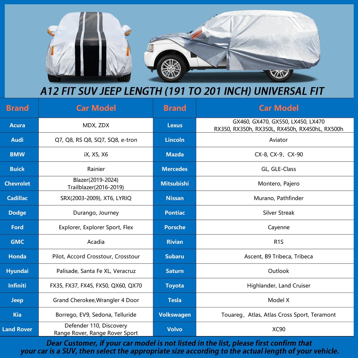 [2025 Upgrade] 10-Layer SUV Cover Waterproof All Weather. Outdoor Full Exterior Covers for BMW X5, Toyota Highlander, Lexus RX, GMC Acadia, Jeep Grand Cherokee.Size A12(Length 191 to 201 inch)