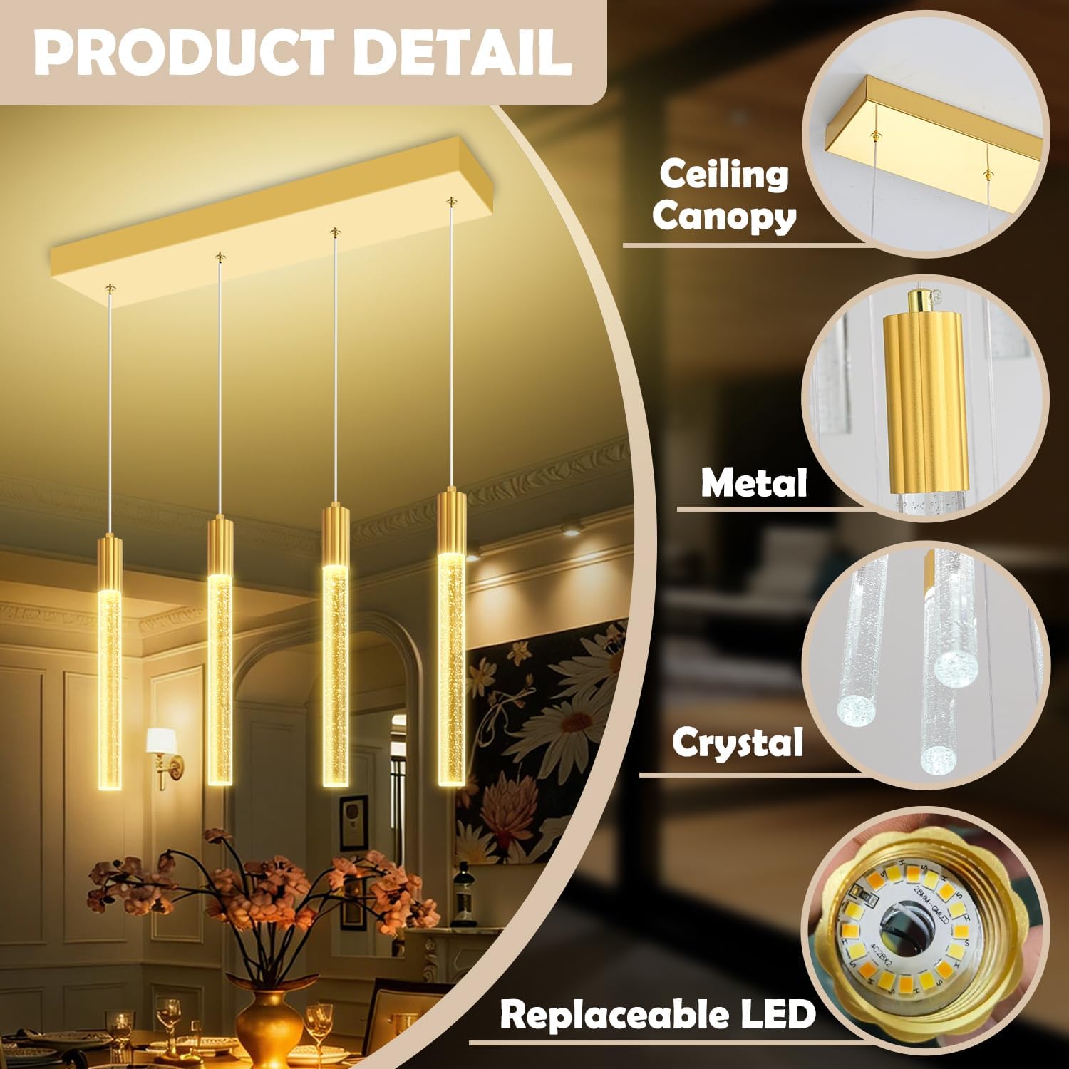 Modern 4-Light Gold Crystal Column Pendant Light Rectangular Crystal Chandelier LED Hanging Light for Dining Room Living Room, Hallway, Bedroom
