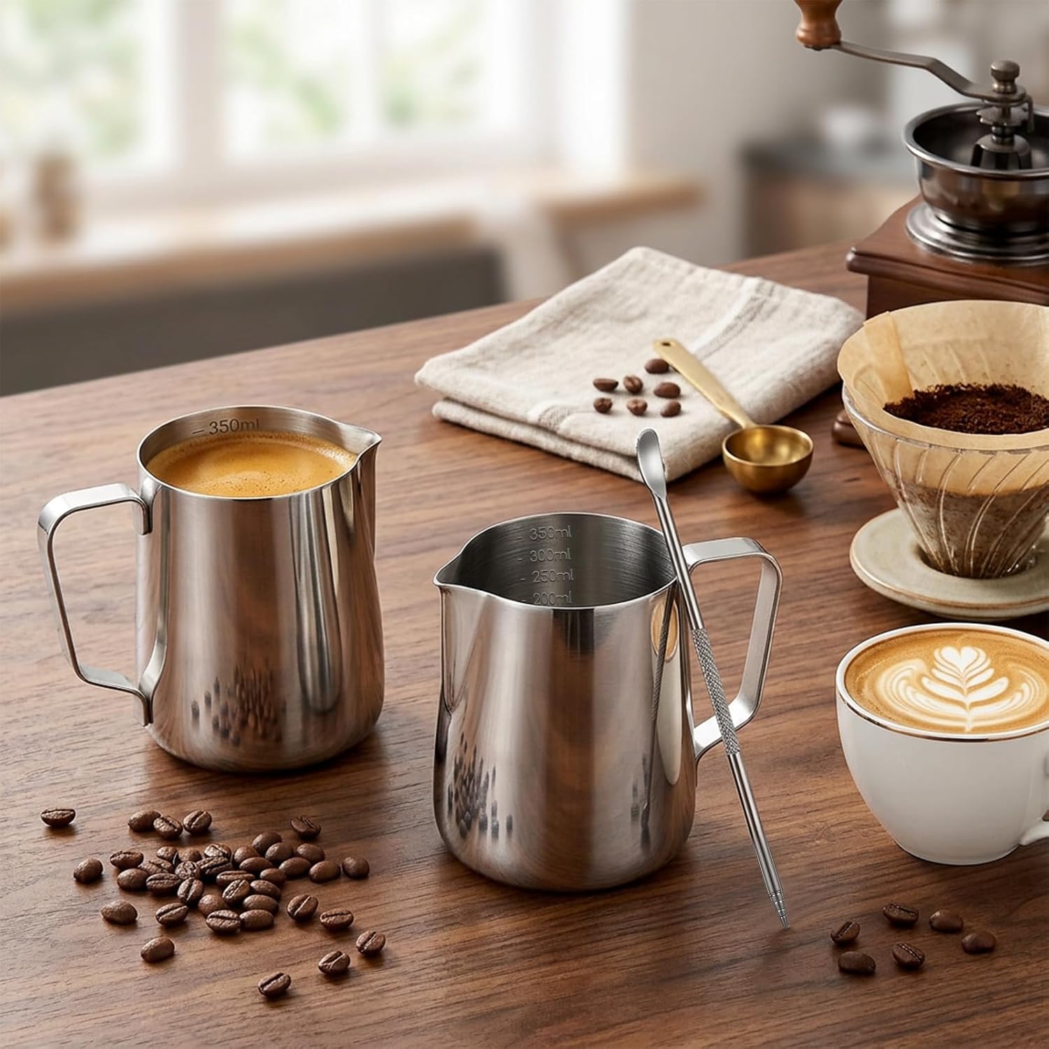 6 Pcs 12oz Milk Frothing Pitcher, 304 Stainless Steel Steaming Pitchers | Espresso Steaming Pitchers with Decorating Pen, Milk Steamer Cup Frother Jug for Espresso, Coffee Bar, Latte Art, Cappuccino
