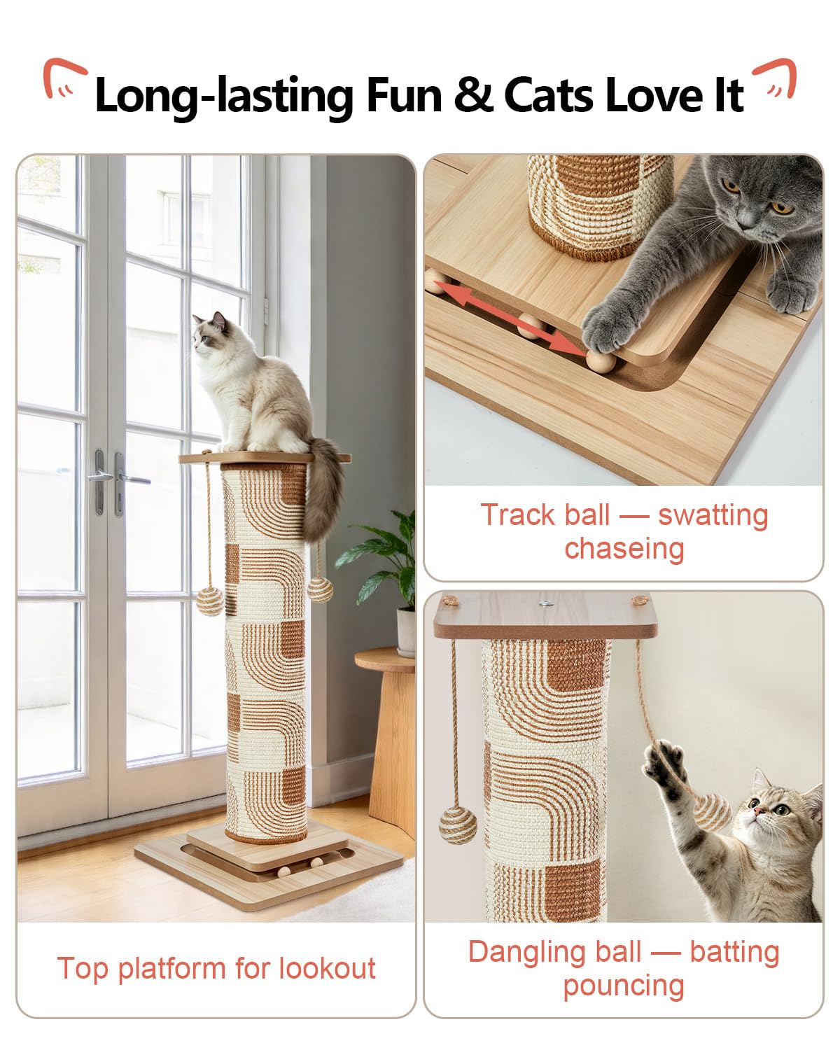 Odoland Kratzbaum 78cm hoch Kratzsäule für Katzen mit Plattformen Katzenspielzeug, Stabil Sisal Kratzstamm für große Katzen Wohnungskatzen, Braun
