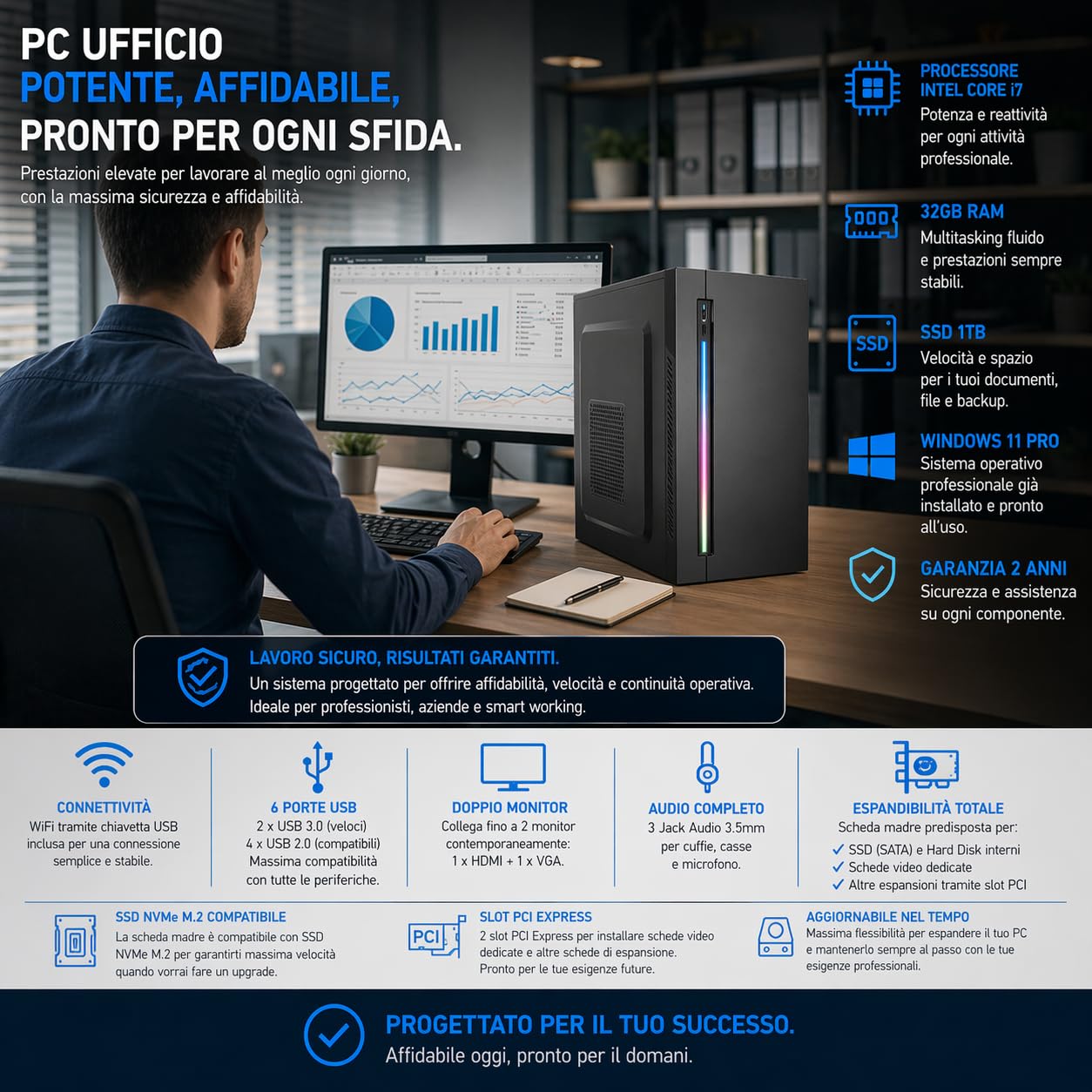 Golook PC Ufficio • Core i7 • 32GB RAM • SSD 1TB • W11 Pro • Ideale per attività professionali • NUOVO • Garanzia 2 Anni