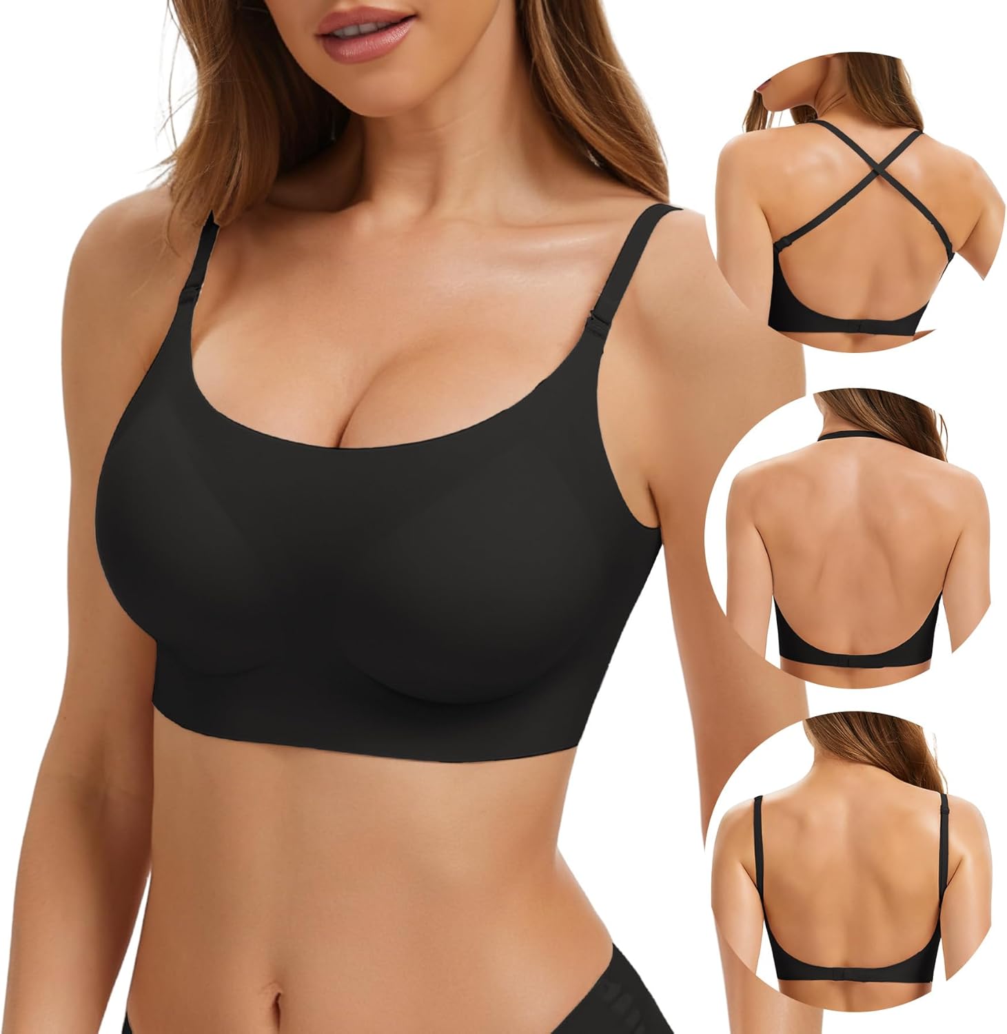 Low Back Bra - Padded Bralette Seamless Bras for Women No Underwire Scoop Neck Convertible Straps Halter Backless Bras