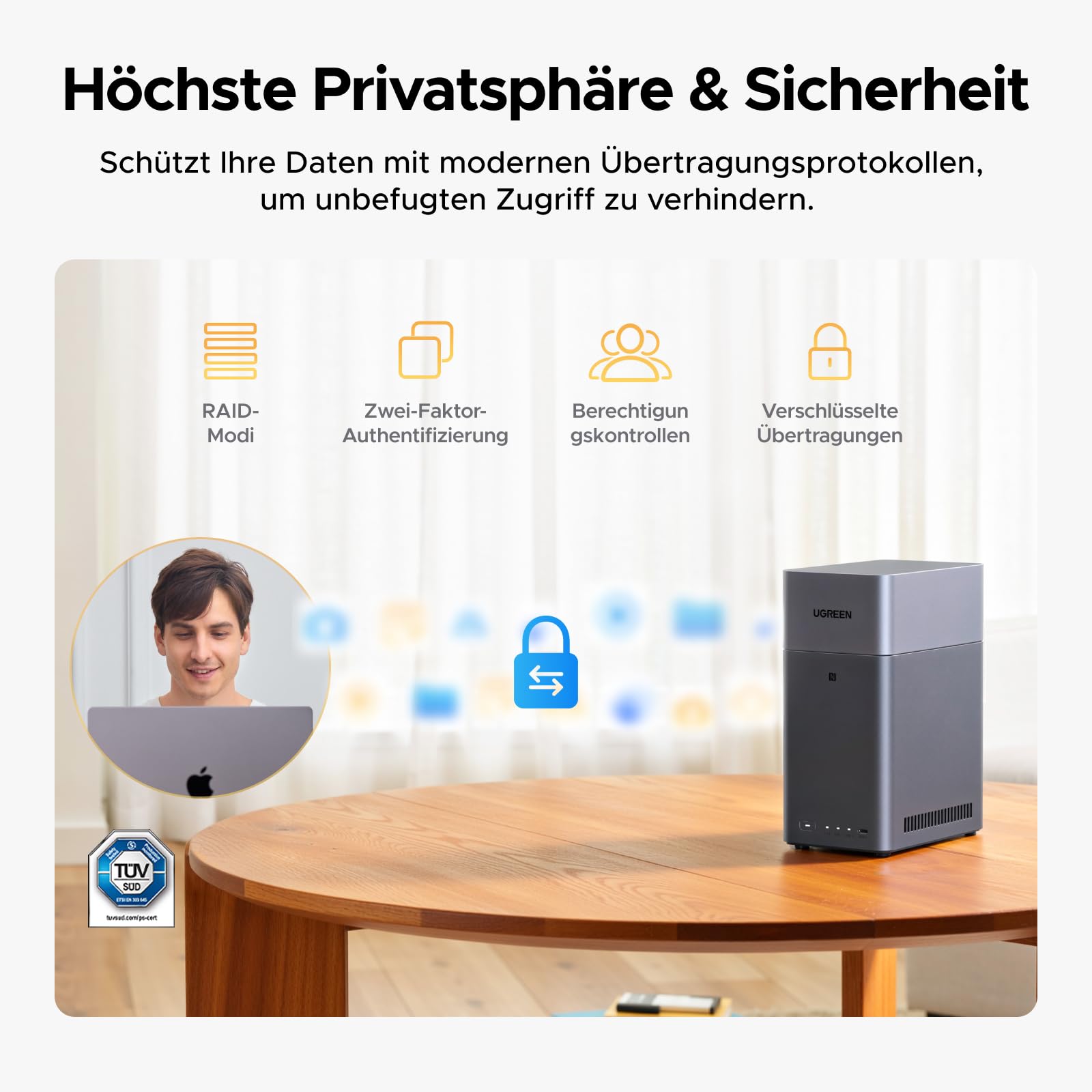 UGREEN NASync DH2300 2 Bay Desktop NAS, NFC Tap, KI Fotoalbum, 4K Videothek, Heim-NAS-Server mit 1GbE-LAN, 4GB RAM (Ohne Festplatten)