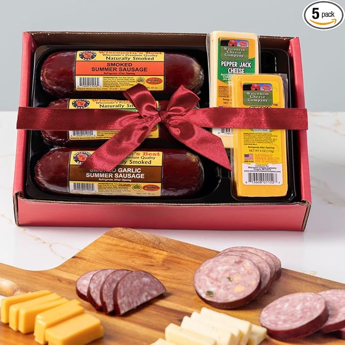 Wisconsin Cheese Company – Gourmet Cheese & Sausage Holiday Gift Box | 100% Wisconsin Cheese with Original, Garlic & Jalapeño Cheddar Summer Sausages | Perfect for Parties, Charcuterie Boards, and Holiday Gifts