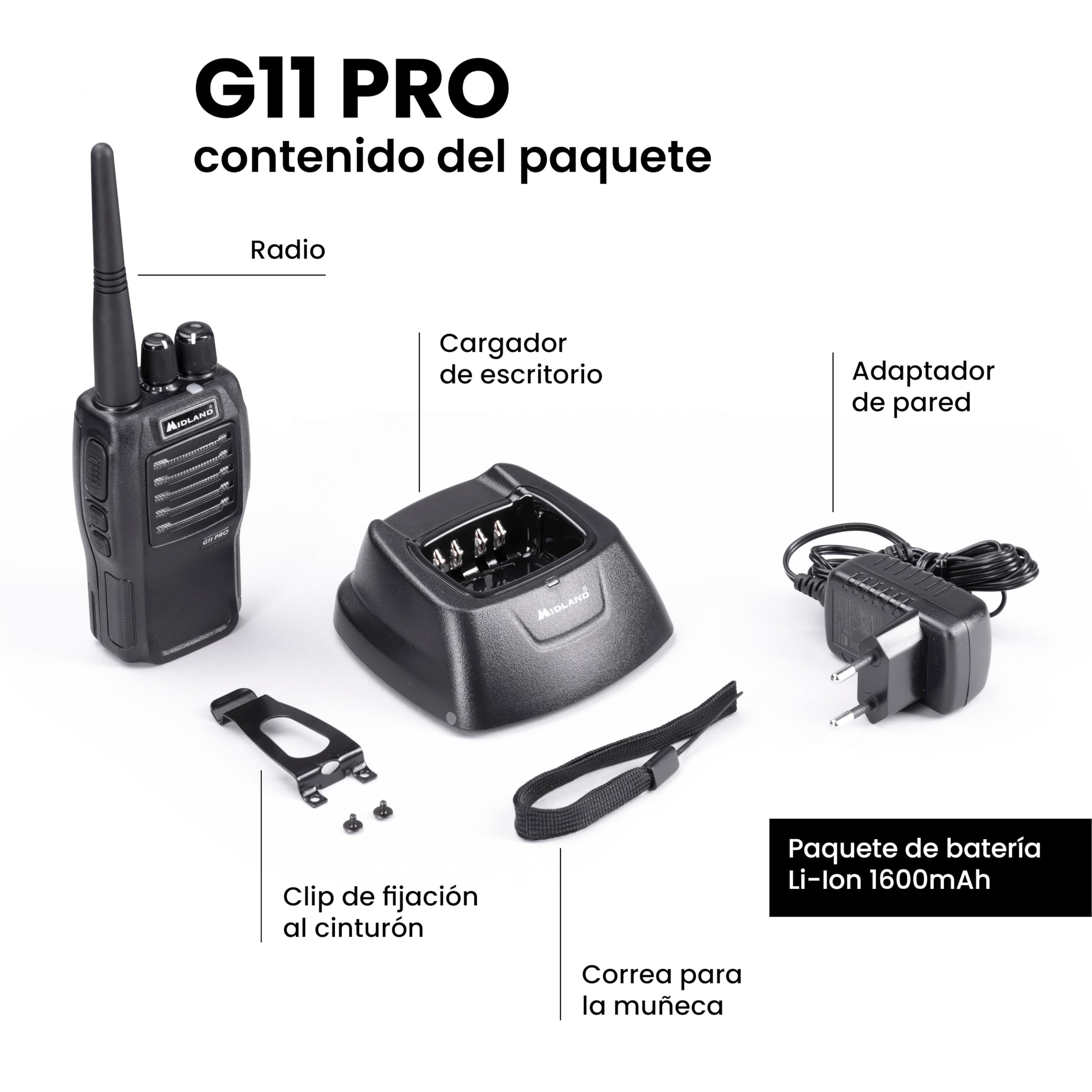 Midland- Walkie Talkie Profesional Largo Alcance G11 Pro, Radioaficionado 32 Canales PMR446, Batería Li-Ion 1600mAh Pilas Recargables y Accesorios, Autonomía 22H, Cobertura 12Km, VOX, 2 Pines Kenwood