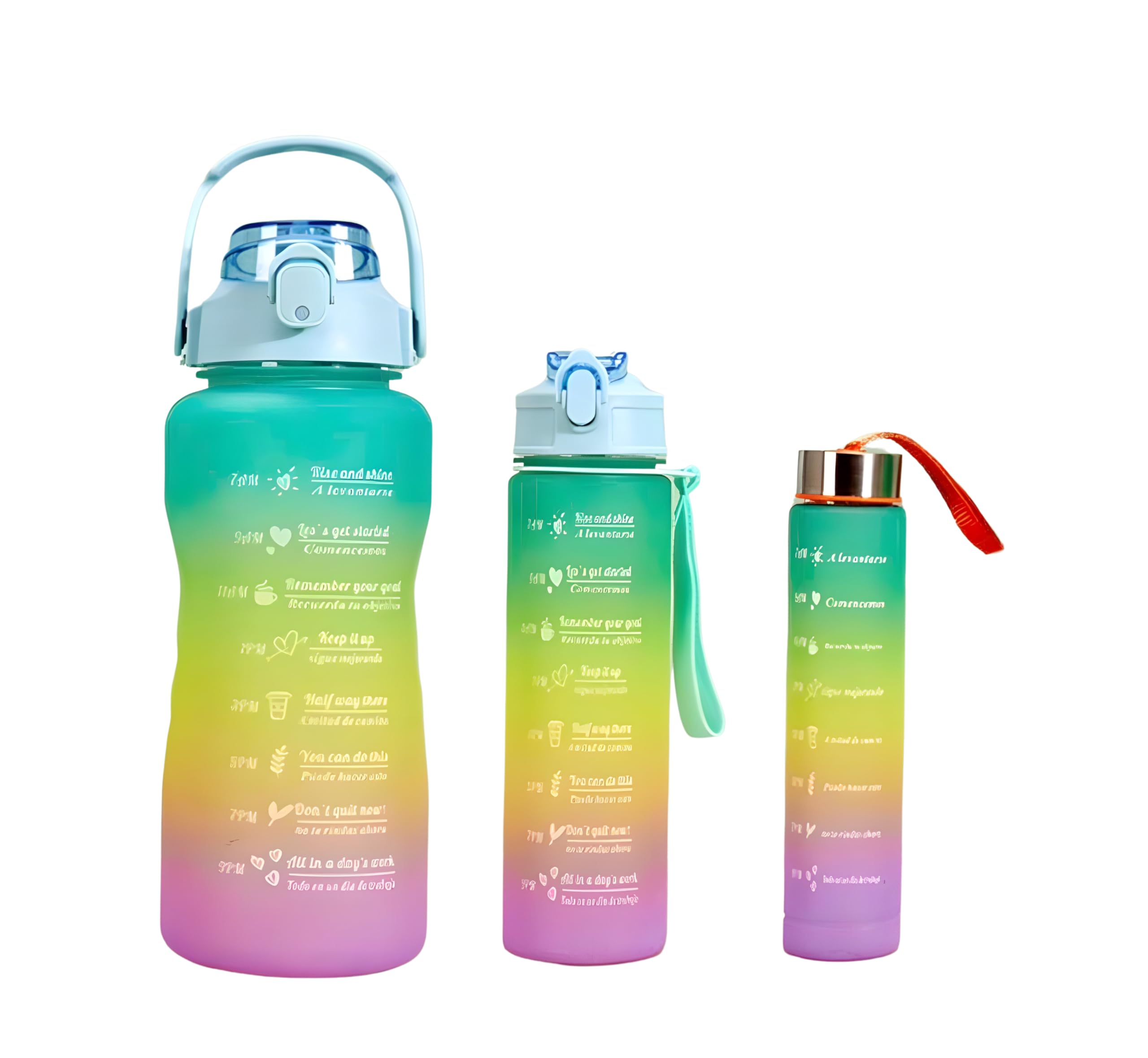Water Bottles, Set of 3 (2L+900ml+300ml) Time Marked Motivational Sporty Designs, for Adults Kids Office Gym Home Outdoor School Exercise and Protein shakes, Leak Proof, BPA Free (Green)