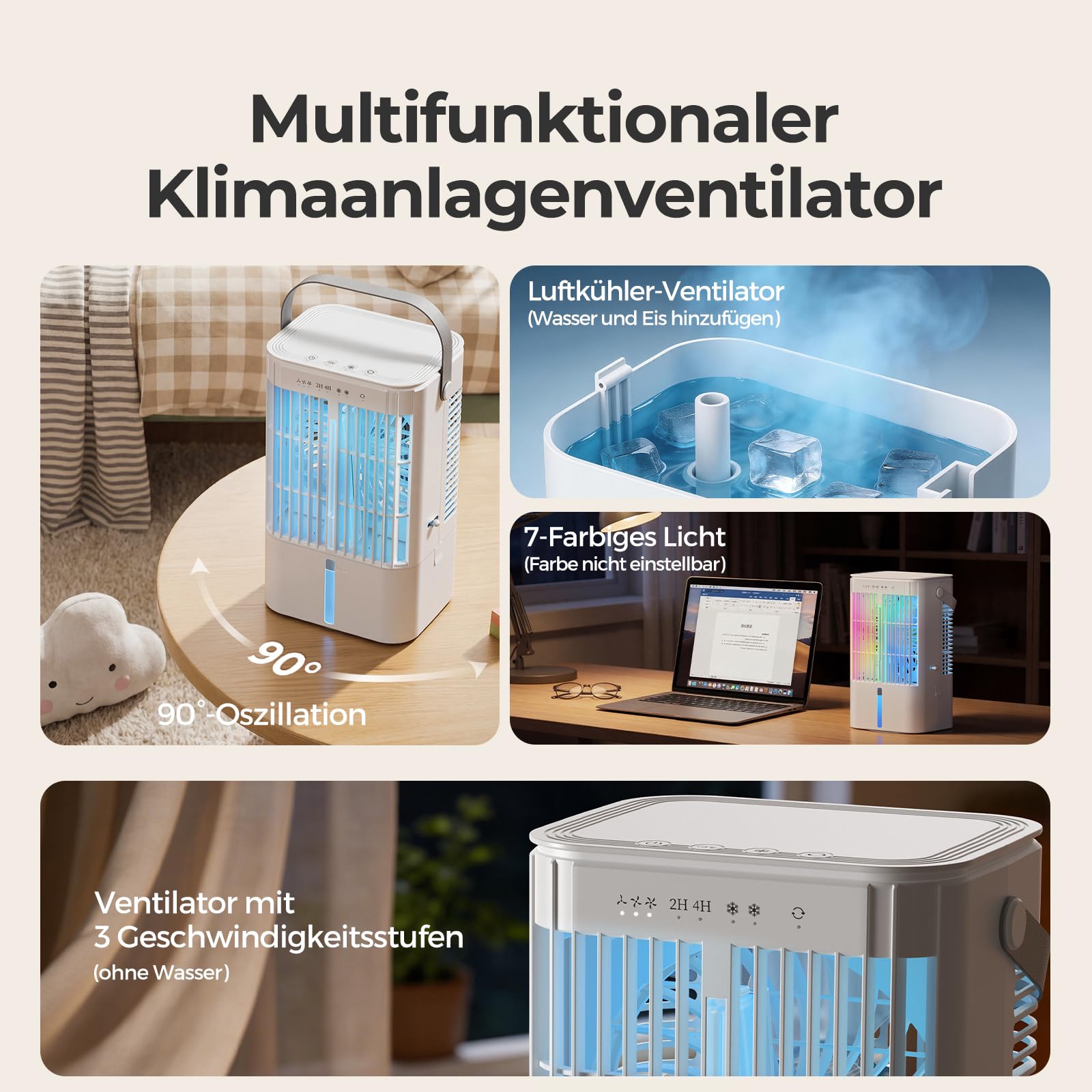 Mowend Mobilny mini klimatyzator 3 w 1, mały, ze zbiornikiem na wodę o pojemności 1200 ml, 3 poziomy prędkości, 2 tryby zimnej mgły, 7 kolorów z timerem 2/4h, idealny do domu i biura