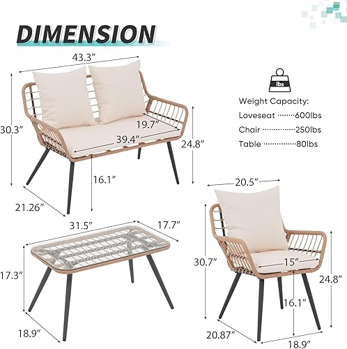 Miniatura 5 de Verano Garden - Juego de muebles de patio de 4 piezas, juego de conversación de patio al aire libre de mimbre para porche, sofá de estilo bohemio y