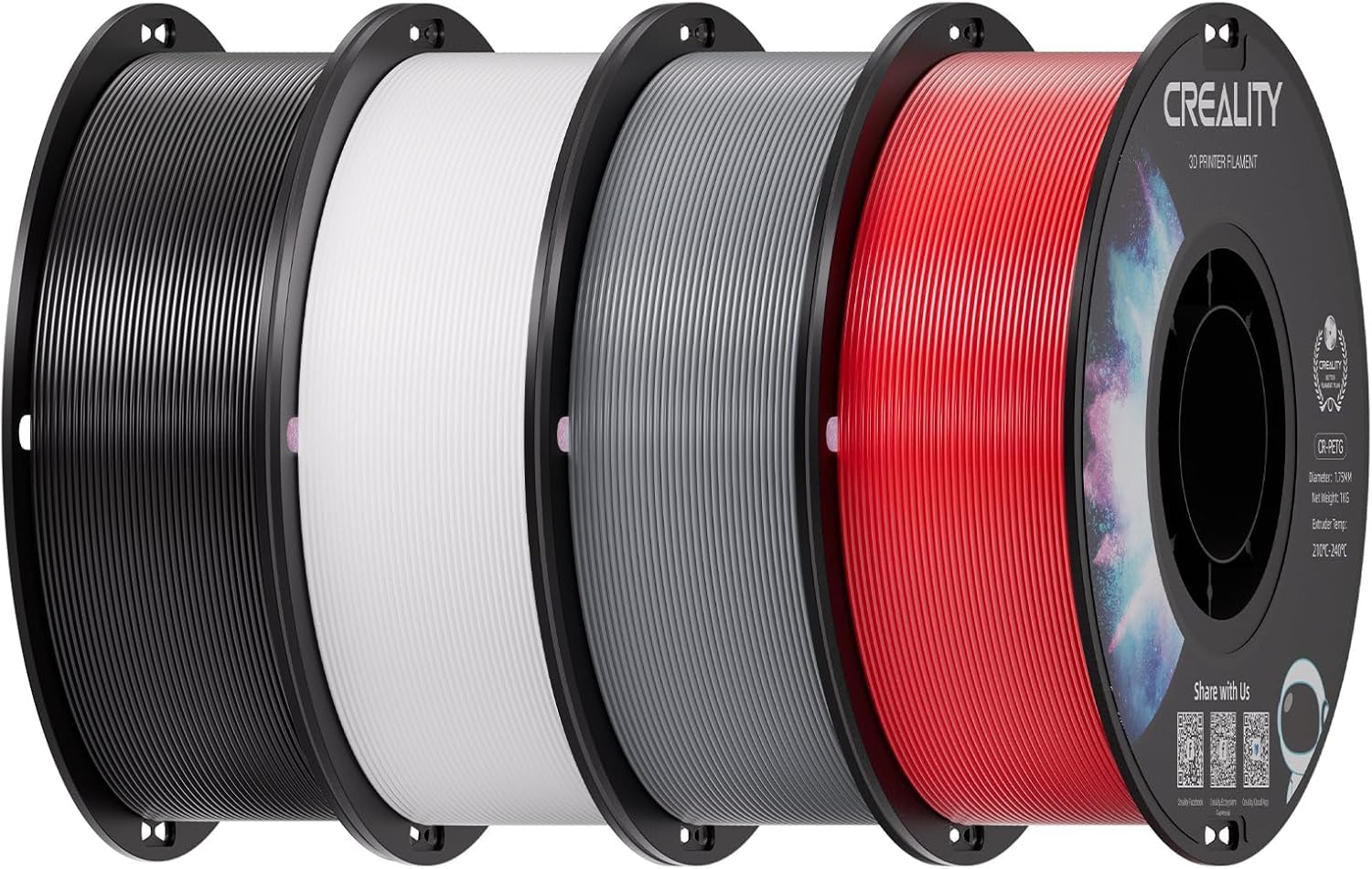 Creality PETG Filament 1,75 mm, 4x1 kg, Schwarz+Weiß+Grau+Rot für 3D-Drucker