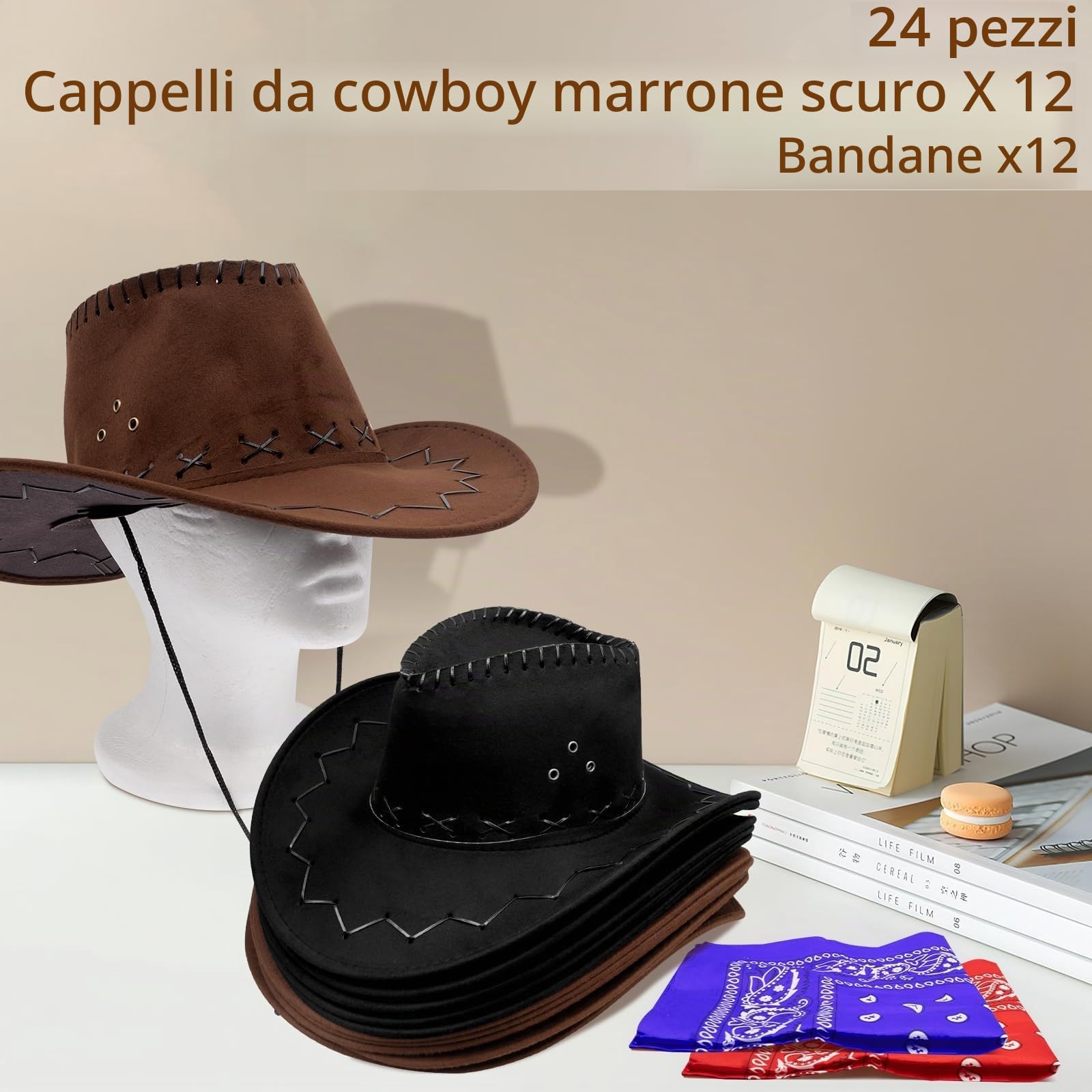 Set di 12 cappelli da cowboy con 12 bandane, cappello da cowboy western con sottogola regolabile, per adulti, perfetti per matrimoni, spettacoli e feste
