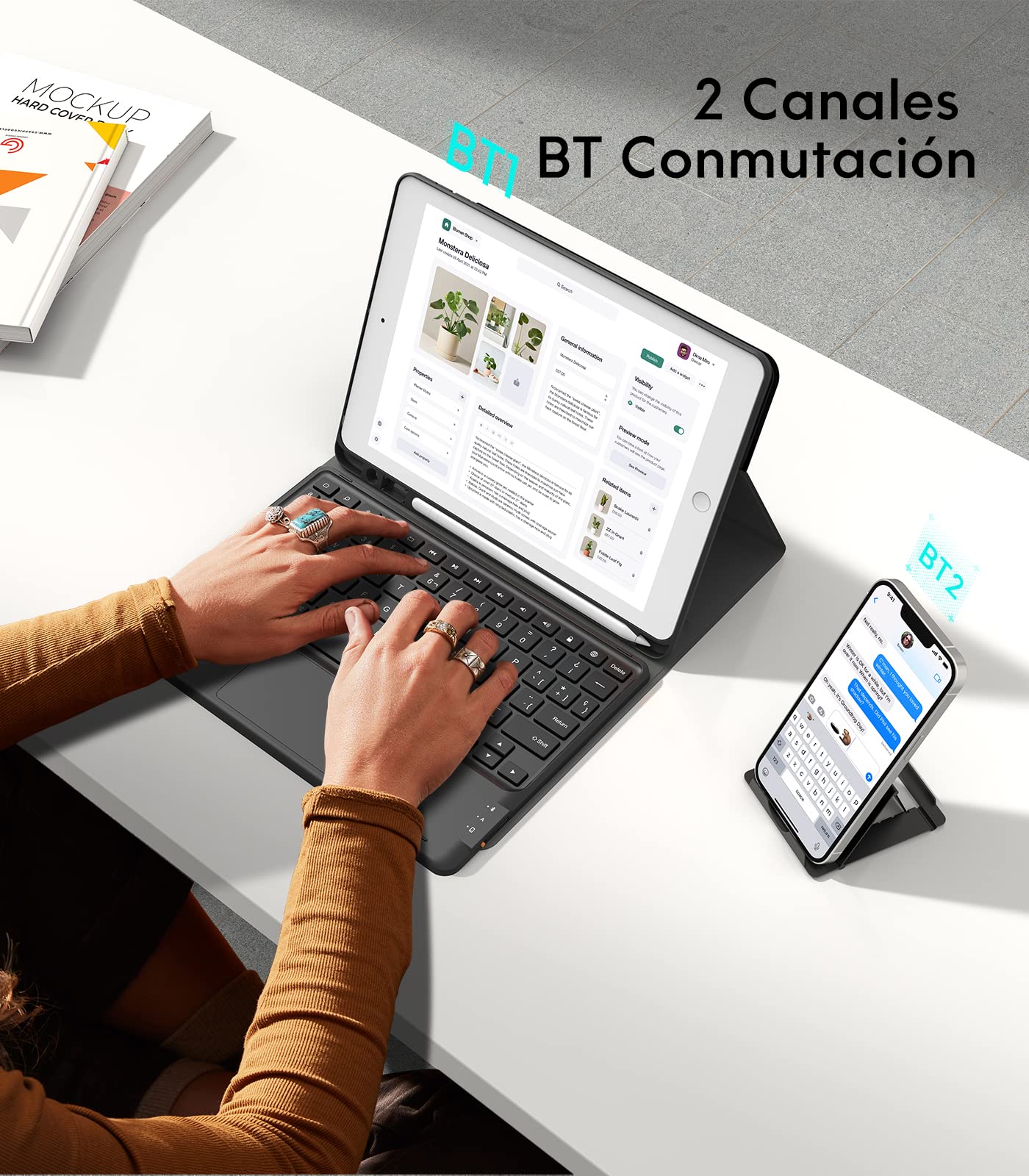Earto Funda con Teclado para iPad de 10.2" 9ª/8ª/7ª generación (2021/2020/2019), 2 Canales Bluetooth, Teclado Desmontable Bluetooth, Teclado Español con Touchpad Inteligente(tecla Ñ), Negro