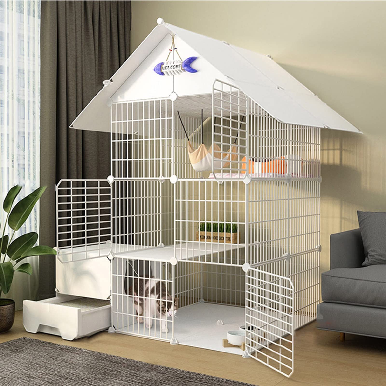 Jaula para Gatos - Jaula para Conejos de Interior, Jaula para Gatos, jaulas Grandes para Gatos de Interior con Bandeja de Arena, Jaula para Gatos, Jaula para Gatos de Exterior con Puerta y b