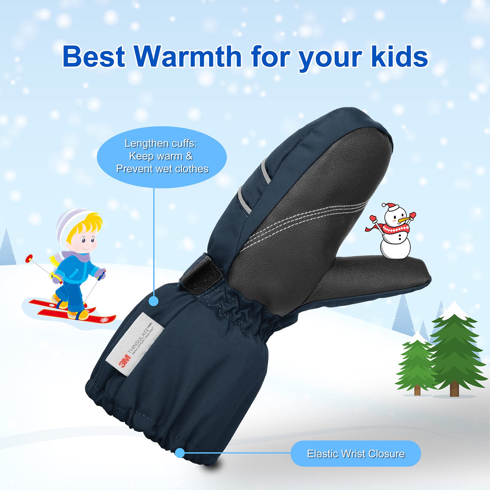 BQA Gants de Ski Enfant, Moufles de Ski Fille Garçon Chaud Étanches