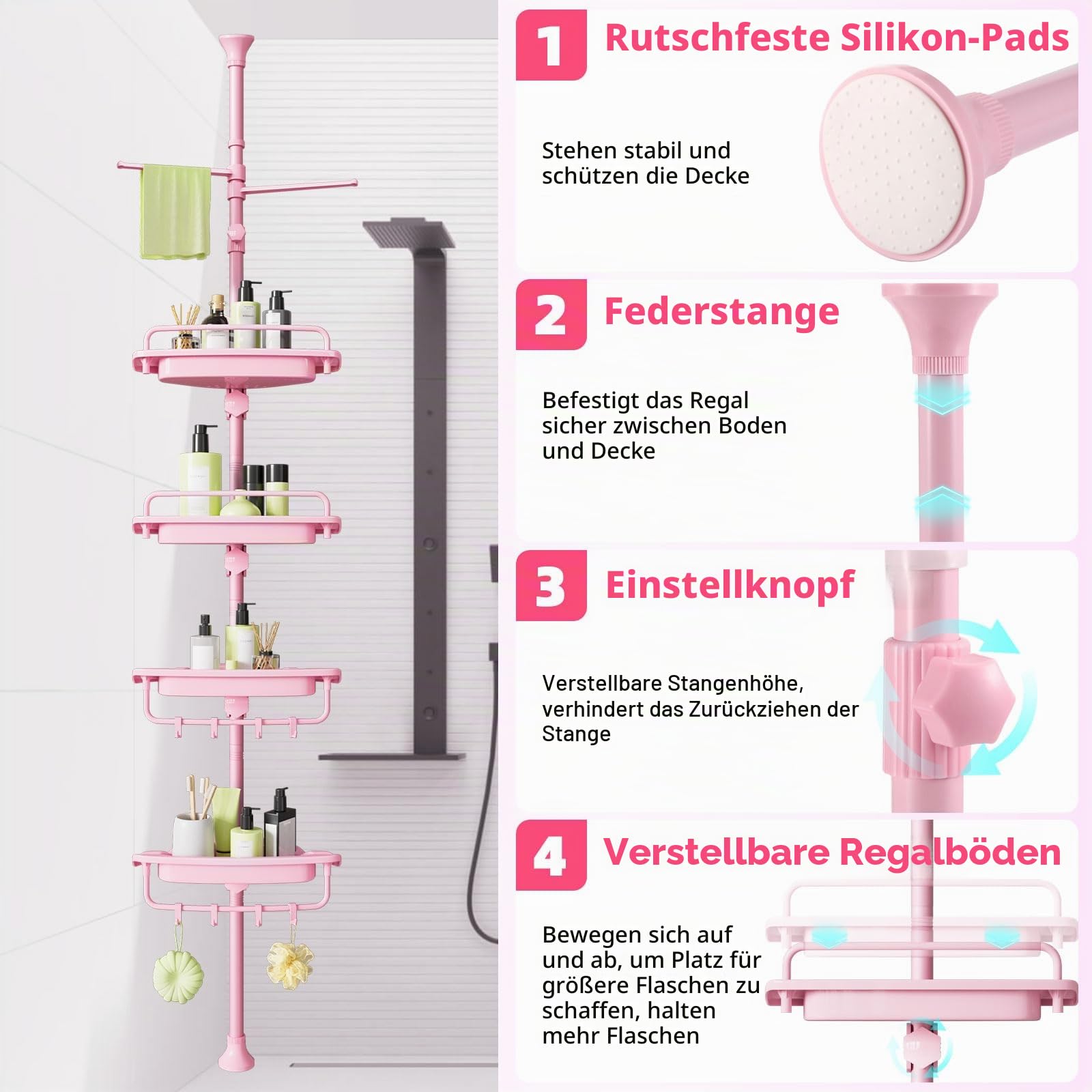XLHOMO 81,3–309,9 cm Eck-Dusch-Caddy, Spannstange, rosa, rostfrei, bohrfreie Duschregale für Badezimmer, Badewanne, Waschbecken, Verstellbarer Dusch-Organizer mit 4 Ebenen, patentierten, stabilen