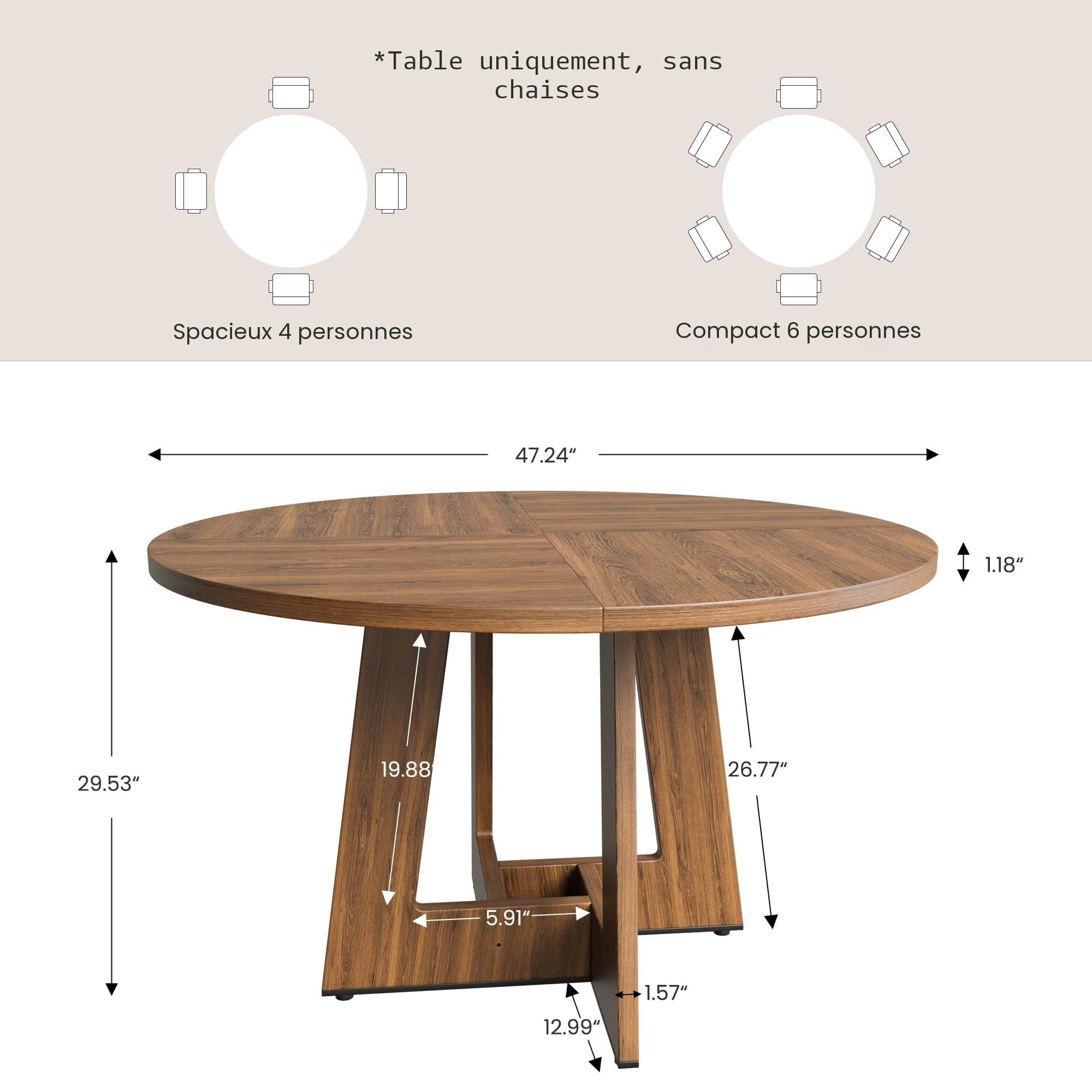 YOUDENOVA Table à Manger 120 cm, Rétro Table Ronde, Table à Manger Bois, Table de Cuisine 4 à 6 Personnes, Convient aux salles à Manger et aux Cuisines, Brun (Une Seule Table)