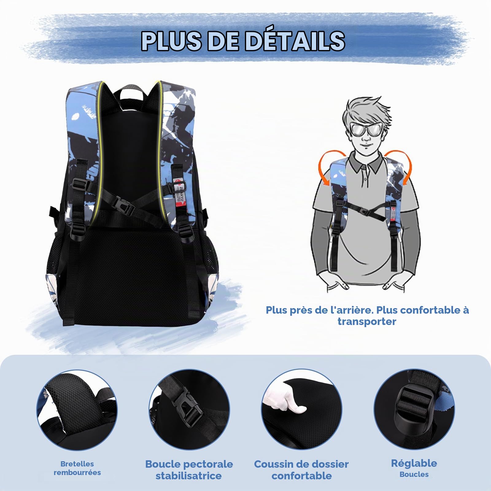 Amythe Sac à Dos pour Garçons, Cartable Primaire et Collège 40L, Sac d'École en Nylon Imperméable Léger et Spacieux pour Loisirs Voyage Scolaire, Idéal pour 10 à 22 Ans -Noir