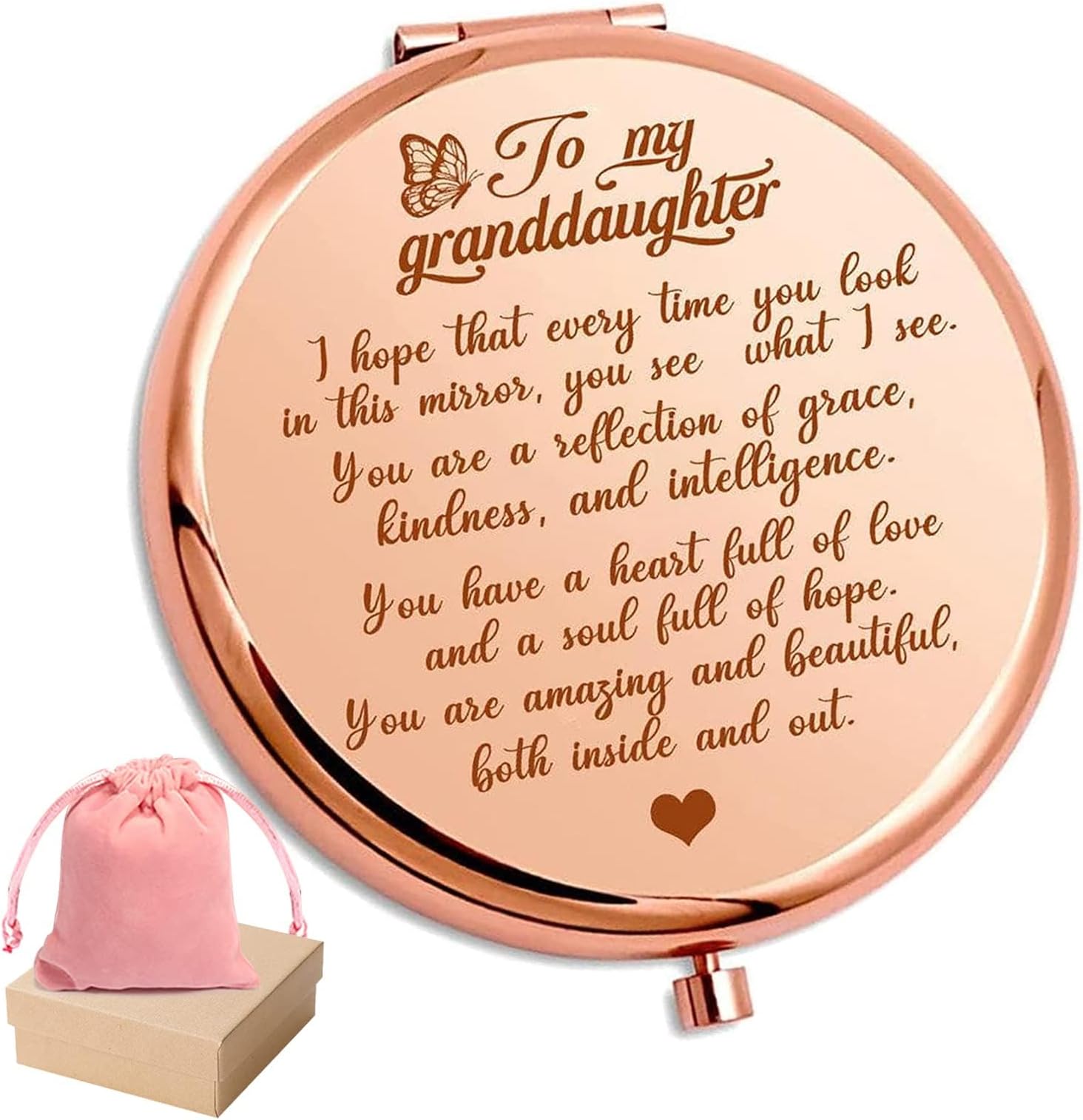 to My Granddaughter - You're Amazing and Beautiful - Pocket Mirror, Granddaughter Engraved Compact Mirror, Family First Mirror Encouragement Gifts from Grandparents (Rose Gold-A)