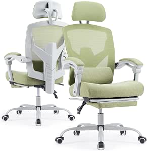 Ergonomic Office Chair with Footrest, Adjustable Headrest, Lumbar Support, Mesh High Back, Green