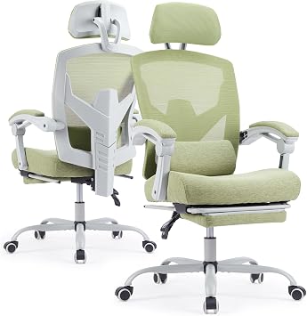 Ergonomic Office Chair with Footrest, High Back Home Desk Computer Chair with Lumbar Support & Headrest, 90-135 Reclining Mesh Back with Wheels for Work, Gaming, Green