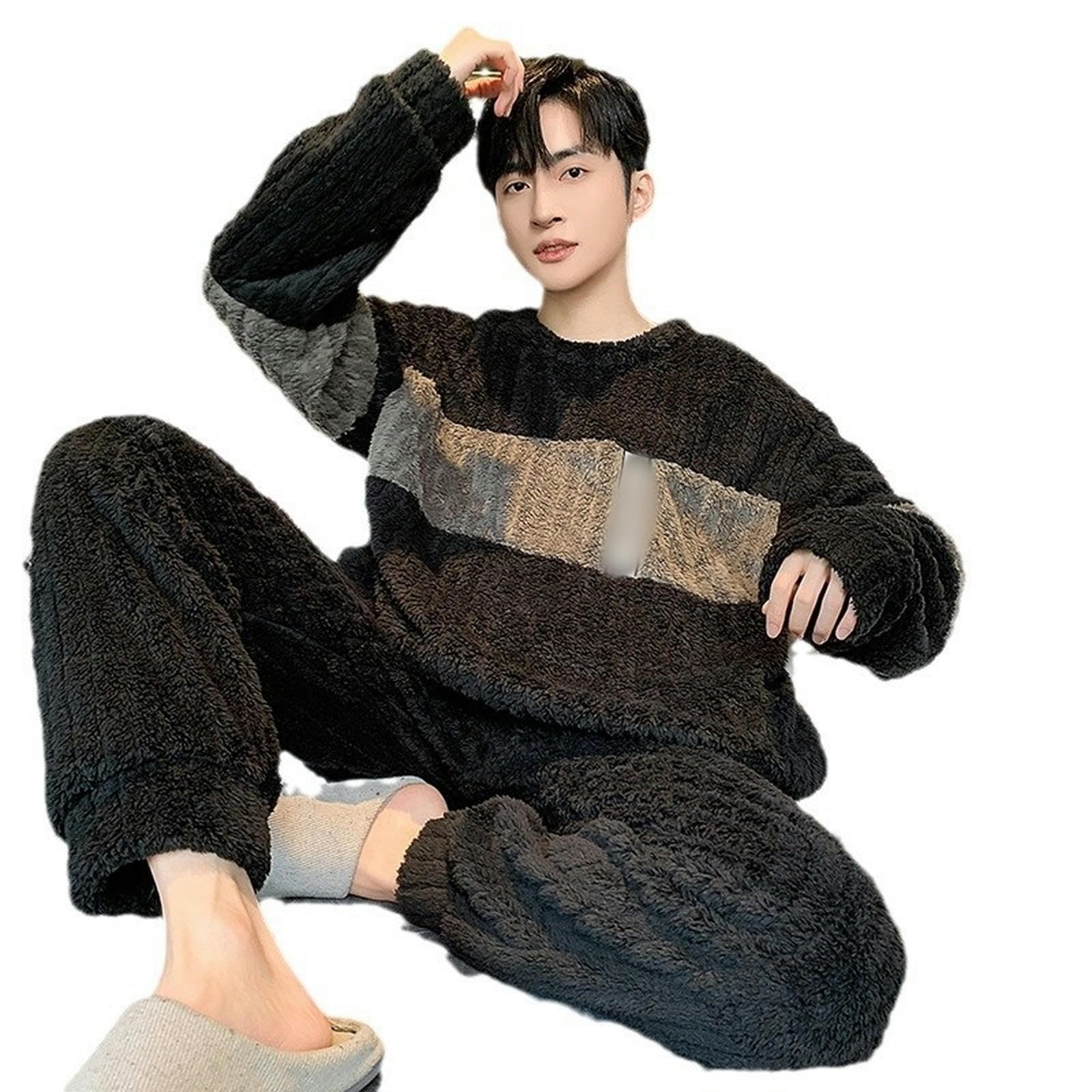 Pigiama in Flanella Pigiatura da Uomo A Manica Lunga Jacquard Abiti da Casa Peluche Inverno Sciolto Caloroso Set A Due Pezzi-Black+caffè-XXL