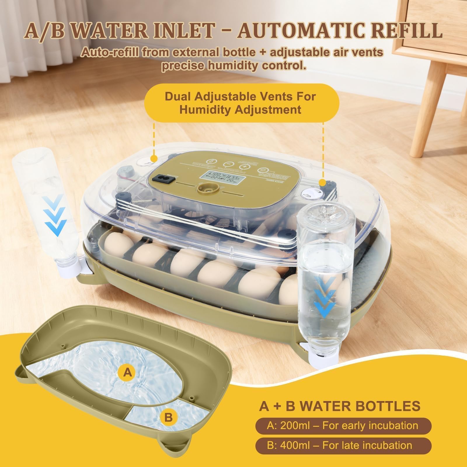 Incubadora de 24 huevos para incubar con girador automático, control inteligente de temperatura y humedad, visualización de 360°, vela de huevo, recarga de agua automática, ideal para pollo, pato
