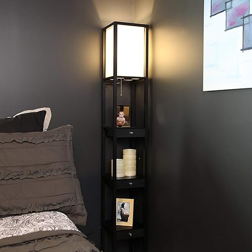 Miniatura 8 de Brightech Maxwell Edición Cajón - Lámpara de pie moderna con estante y cajón - Lámparas de pie de exhibición en esquina con estantes para sala de