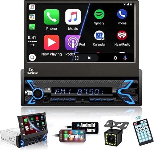 Estéreo de automóvil de un solo DIN compatible con Apple Carplay y Android Auto, pantalla táctil plegable HD motorizada de 7 pulgadas, cámara de