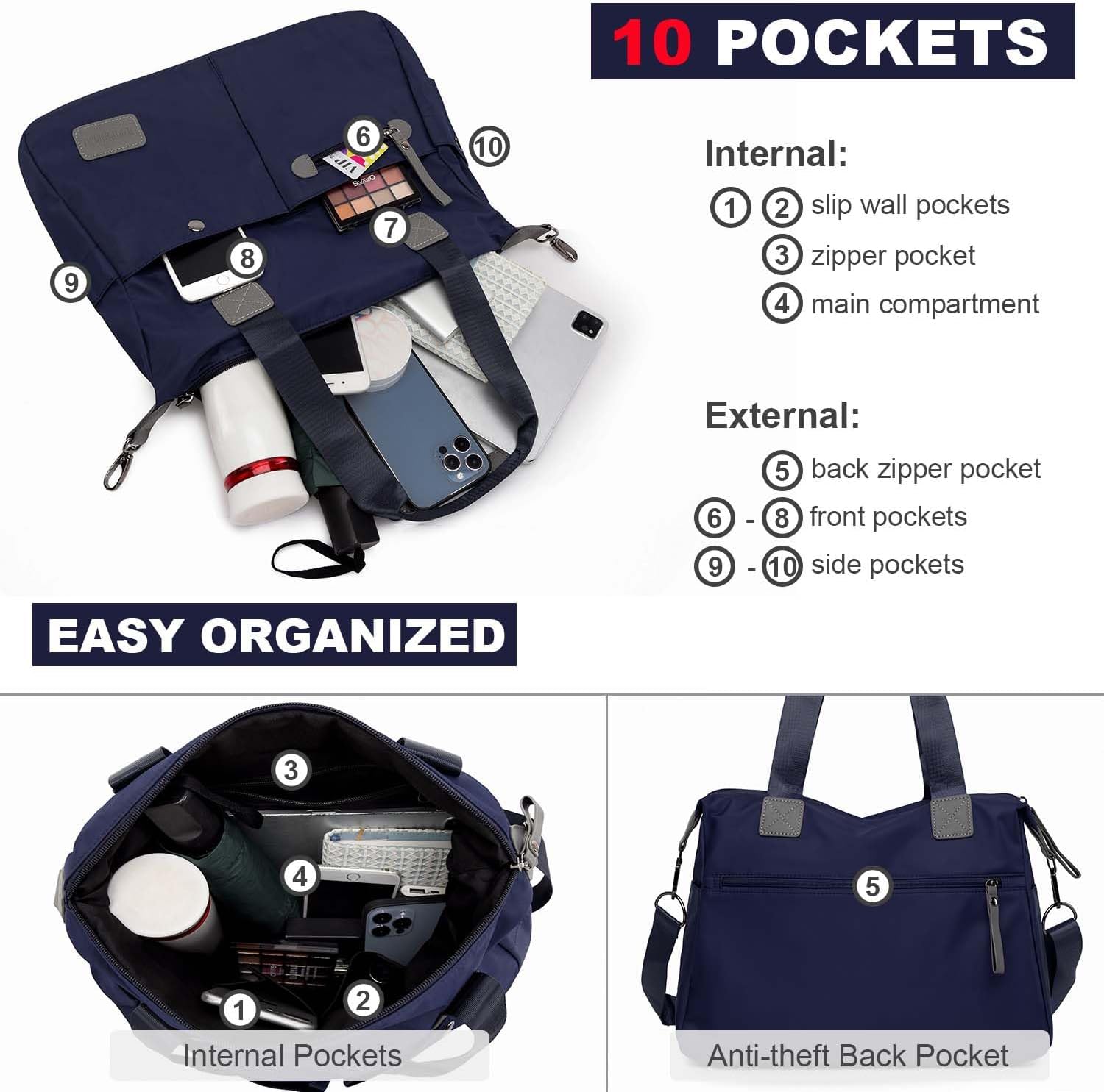 Tote Bag for Women,Multi Pockets Shoulder Handbag,Nurse Bag for Work,Large Cross body Purse,Fashion Nylon Top Handle Satchel - Image 6