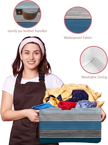 Miniatura 4 de Cesta de almacenamiento de madera de granero retro azul con rayas degradadas grises para estantes, cubos de almacenamiento de tela, organizadores de