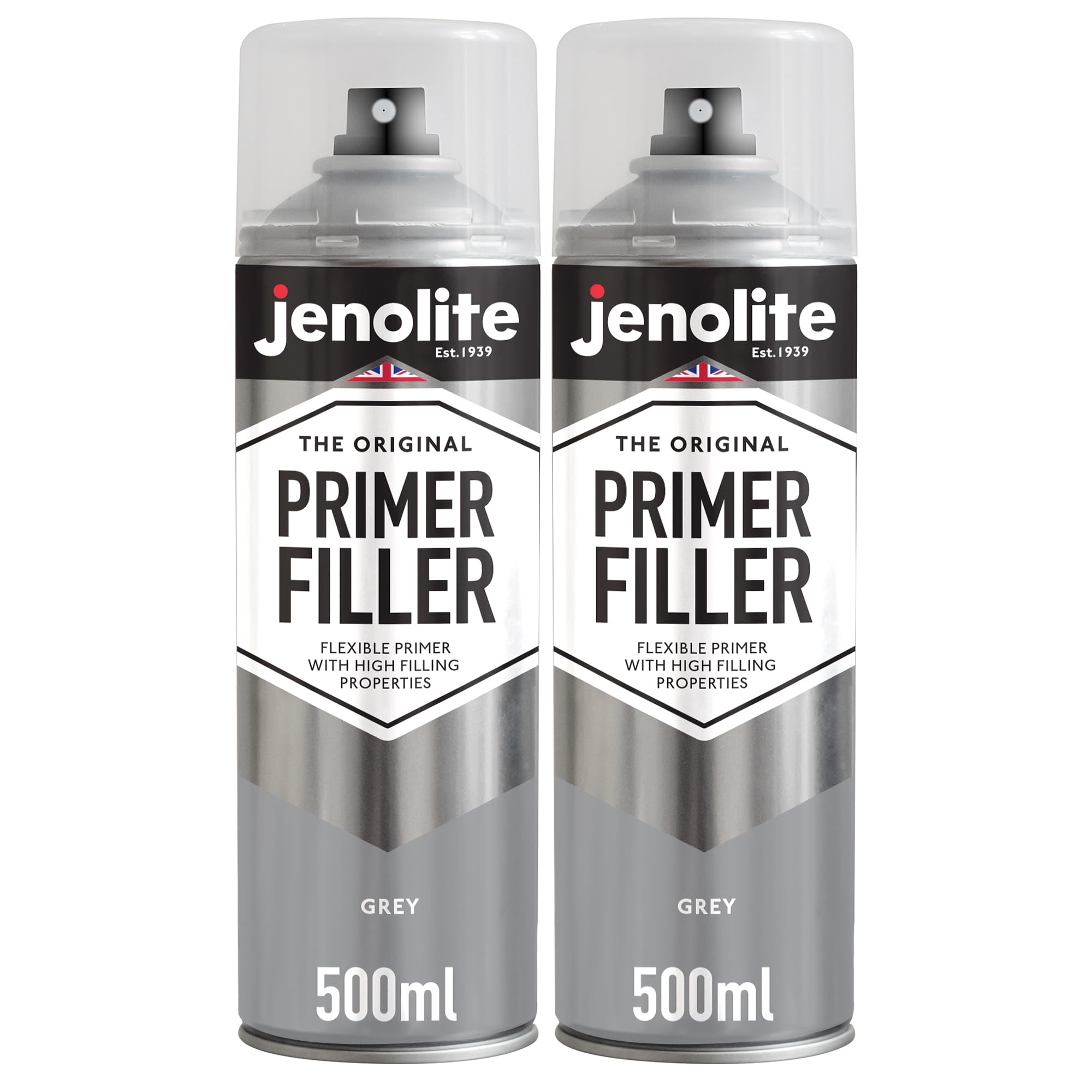 JENOLITE Primer Filler Spray Paint (GREY) | 2 x 500ml | High Fill Multi-Surface Primer Paint | Fills Small Dents & Scratches | Perfect For Car Bodywork, 3D Printer Models & More