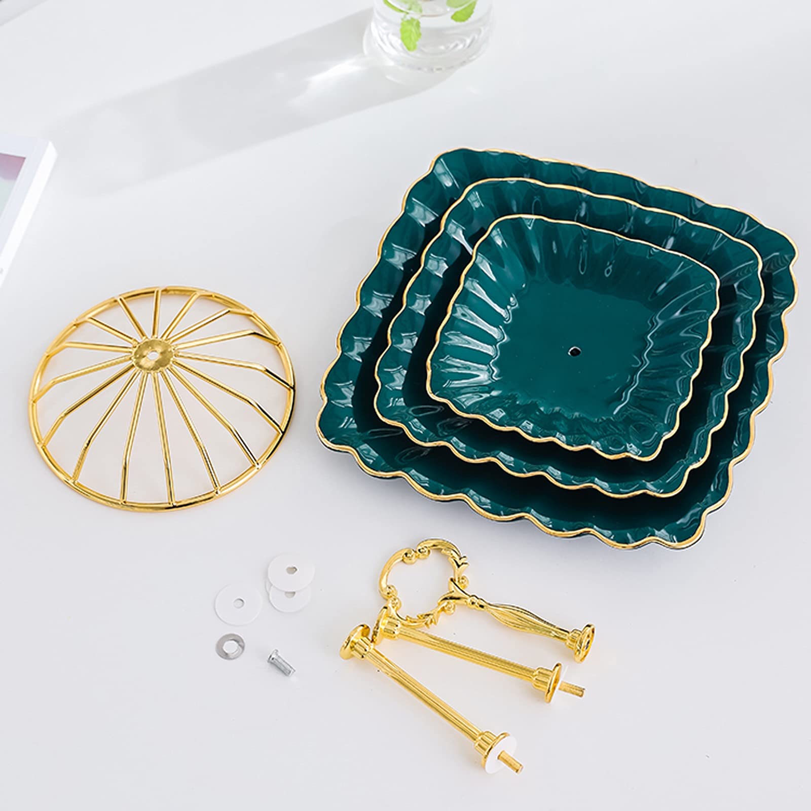 caihuashopping Présentoir à Gâteau Stand de gâteau en céramique avec Base en métal Vert Dessert Table à 2 Couches Cupcake carré Stand Stand Home Salon Pâtisserie Plateau de Service Stand de Gâteaux