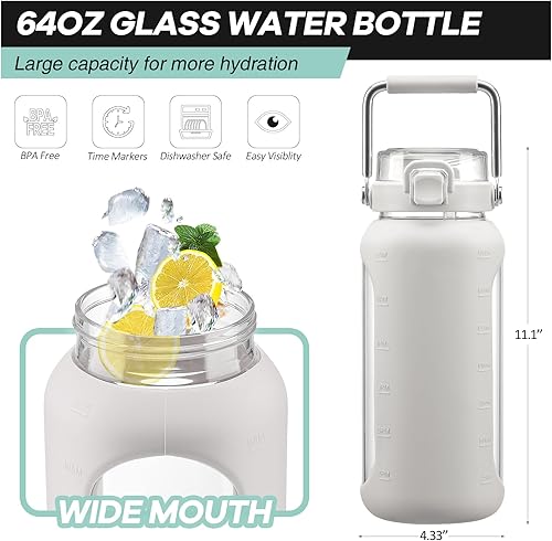 Miniatura 3 de BLUEGO Botella de agua de vidrio de 64 onzas, botellas de agua con mango de acero inoxidable y popote, botella de agua motivacional de medio galón