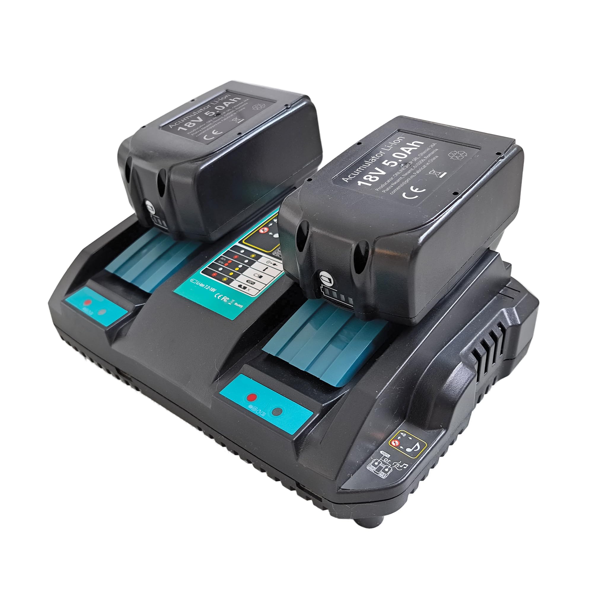 Kit batteria e caricatore doppio PNI DCH218, con due porte USB, include 2 batterie da 18 V 5 Ah