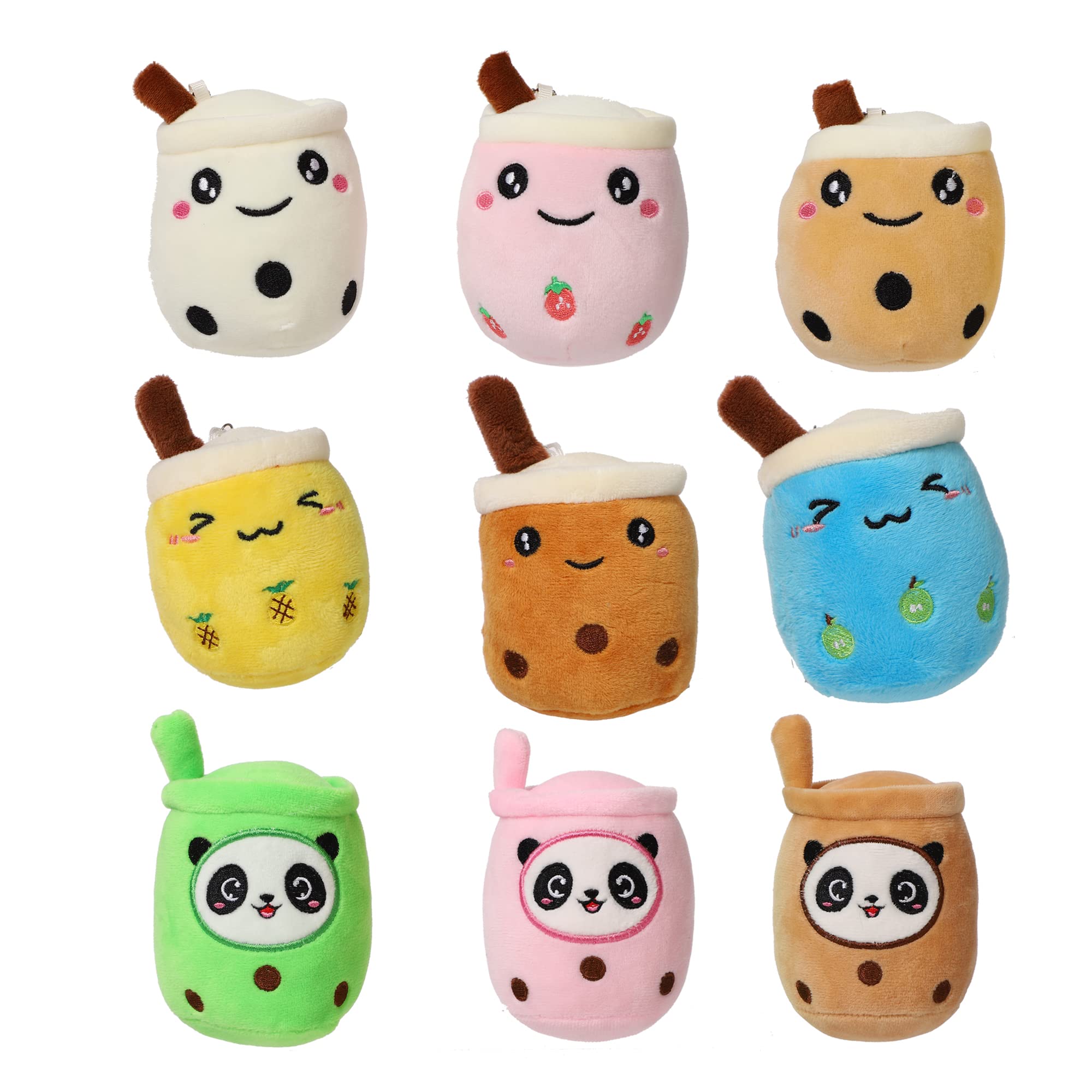 JIA JUN 9 Pcs 4 Inch Cute Soft Plush Boba Milk Tea Stuffed Keychain Teacup Shaped Toy for Kids and Adults (White Brown Pink)