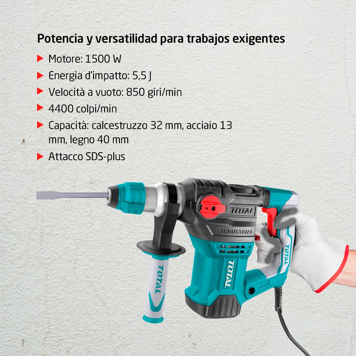MARTELLO PERFORATORE DEMOLITORE SDS PLUS 4 IN 1 CON ACCESSORI 1500W