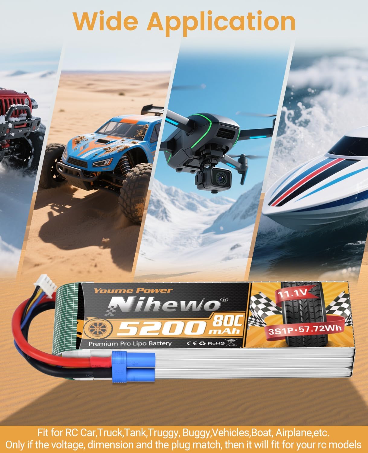 3S Lipo Battery 5200mAh 11.1V RC Battery 80C Soft Case with EC5 Connector Compatible with 1/8 1/10 RC Car Truck Truggy Boat Airplane Helicopter(2 Packs)