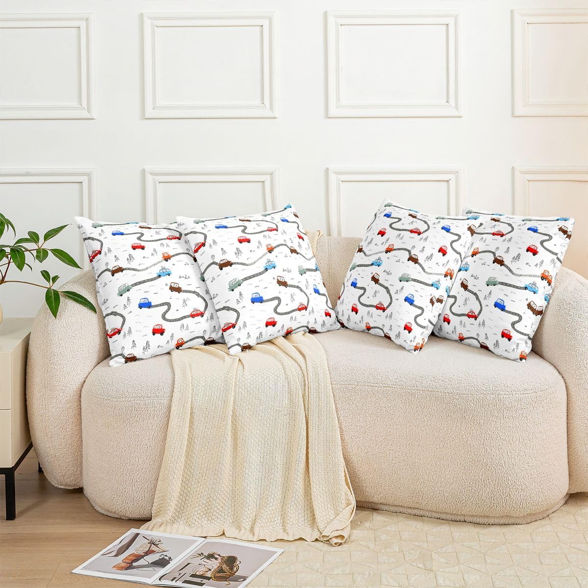 Castle Fairy Cartoon Car Throw Pillow Covers (Pack of 4),Colorful Vehicles Cushion Cover for Kids Girls Boys Mountain Road Pine Tree Pillow Cases Cute Cars Living Room Sofa Bed Decor,16" Lx16 W image 5