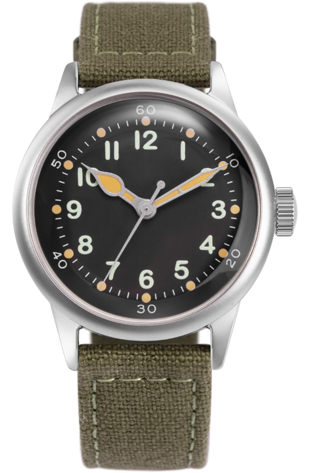 PRAESIDUS | Serwis Watch - automatyczny zegarek wojskowy, męski zegarek wojskowy - czarna tarcza ze stali nierdzewnej 38 mm, zielony pasek z płótna - męski automatyczny zegarek, wojskowy zegarek USA