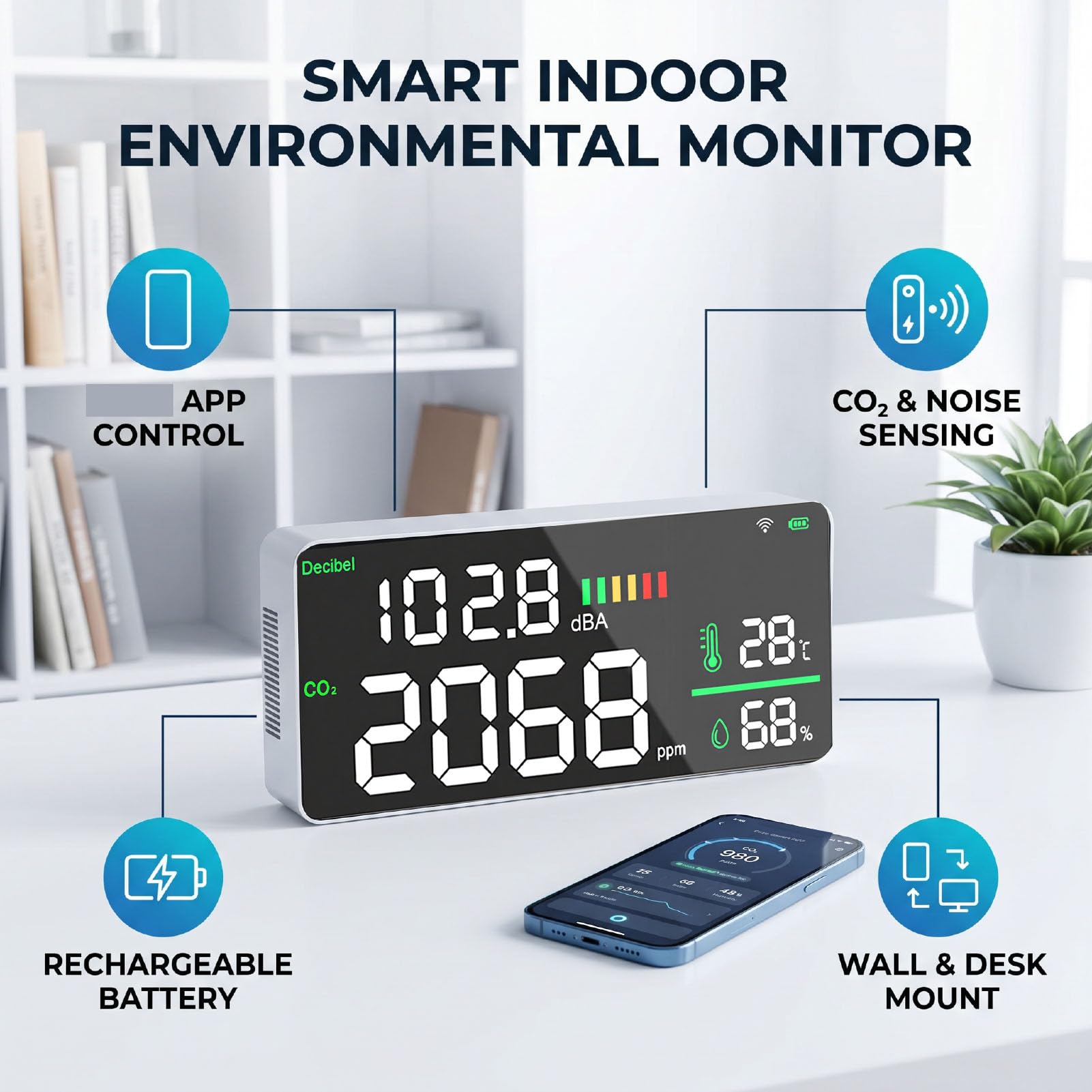Generic Medidor de Decibelios Digital Compacto Montado en la Pared Monitor de Ruido y CO2 para Hogares y Oficinas con Control de Aplicación Móvil