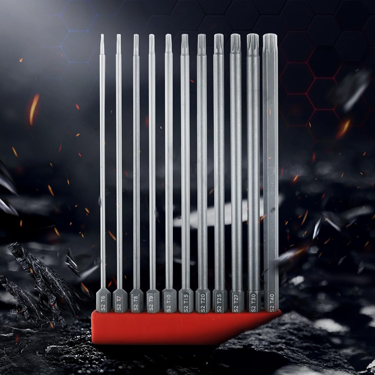 6 Point Long Torx Bits Set T6-T40 Bit 1/4 Inch Hex Shank S2 Alloy Steel Magnetic Torx Screwdriver Screwdriver Bit Set CNC 11pcs(150mm)