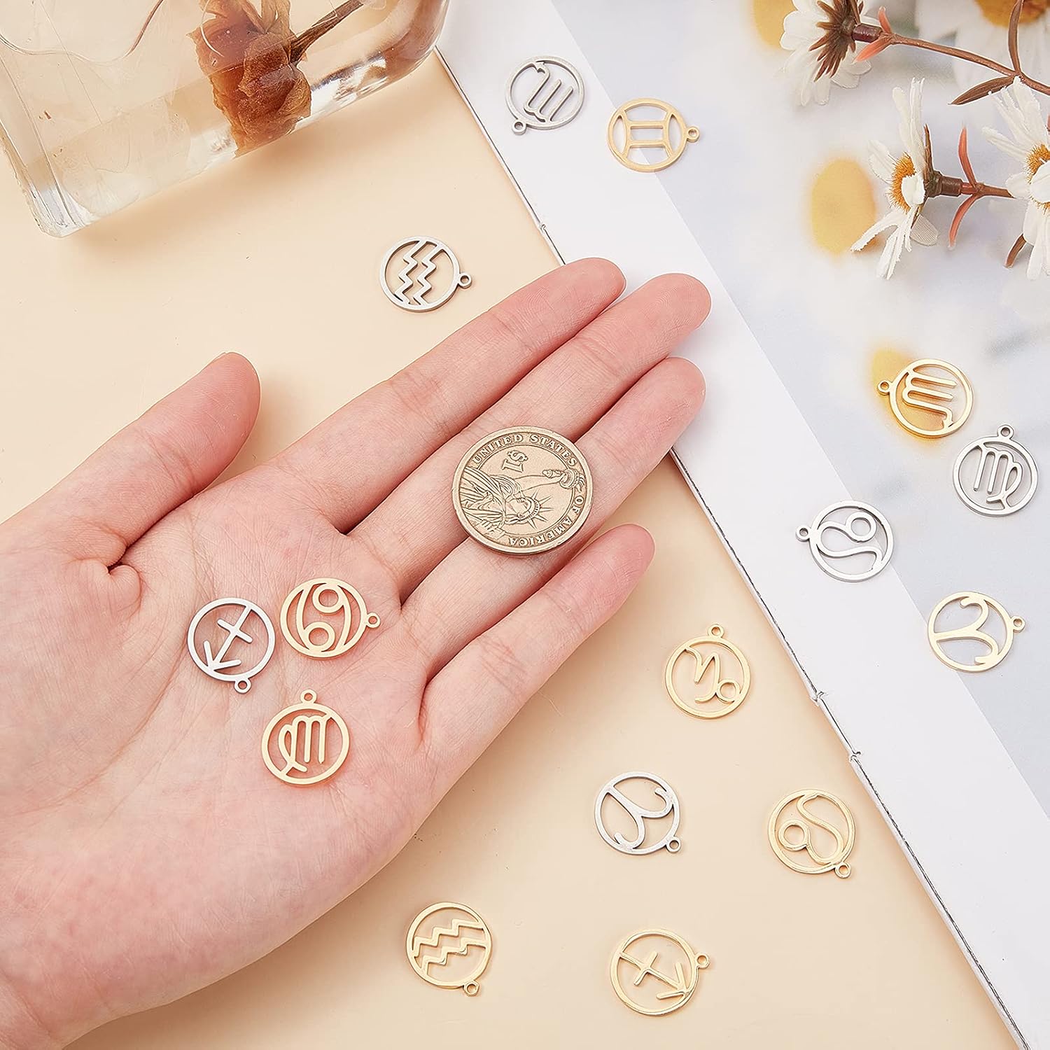 UNICRAFTALE about 24pcs 2 Colors 12 Constellation Pendants 304 Stainless Steel Mixed Sign Charms Golden & Stainless Steel Color Zodiac Sign Charm for DIY Jewelry Making Hole 1.6mm - Image 3